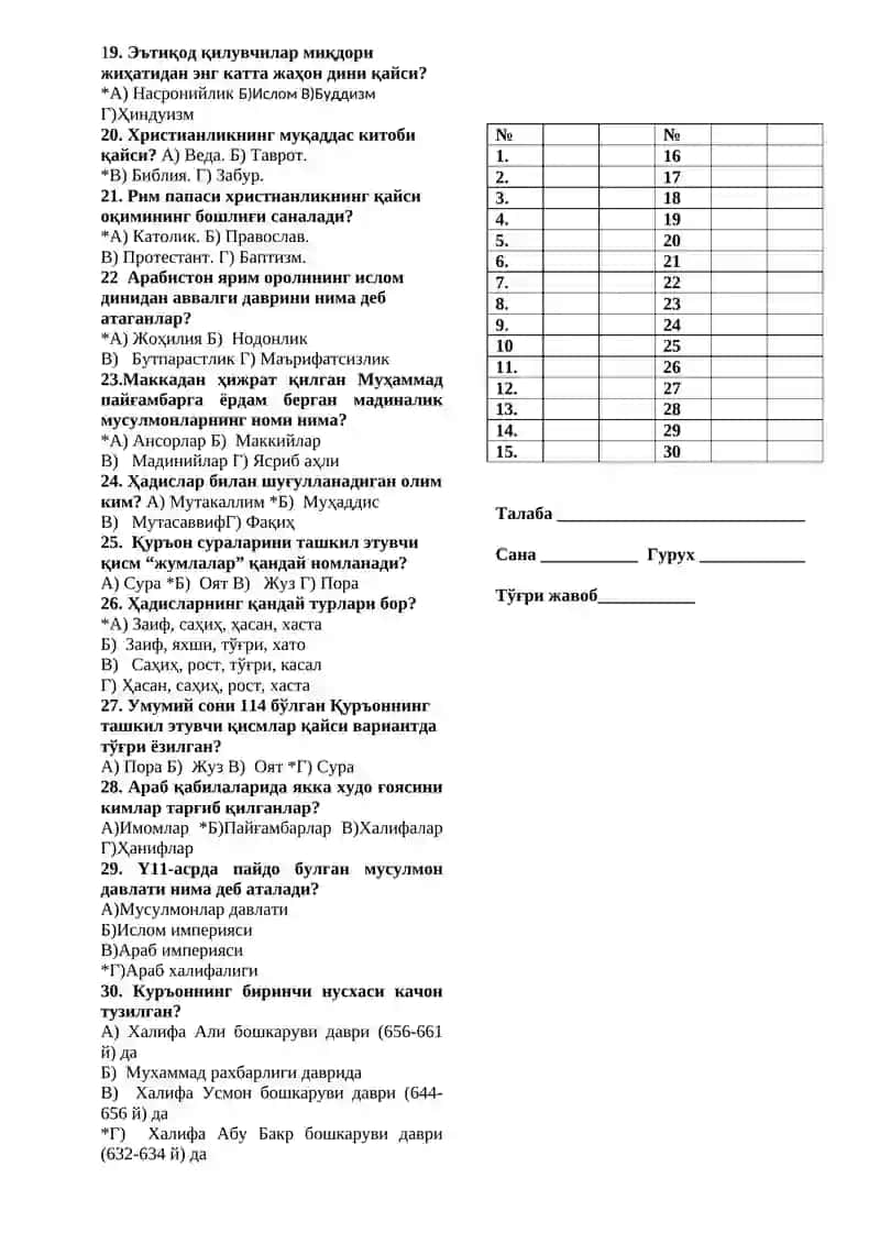 ДИНШУНОСЛИК ФАНИДАН ТЕСТ САВОЛЛАРИ 2
