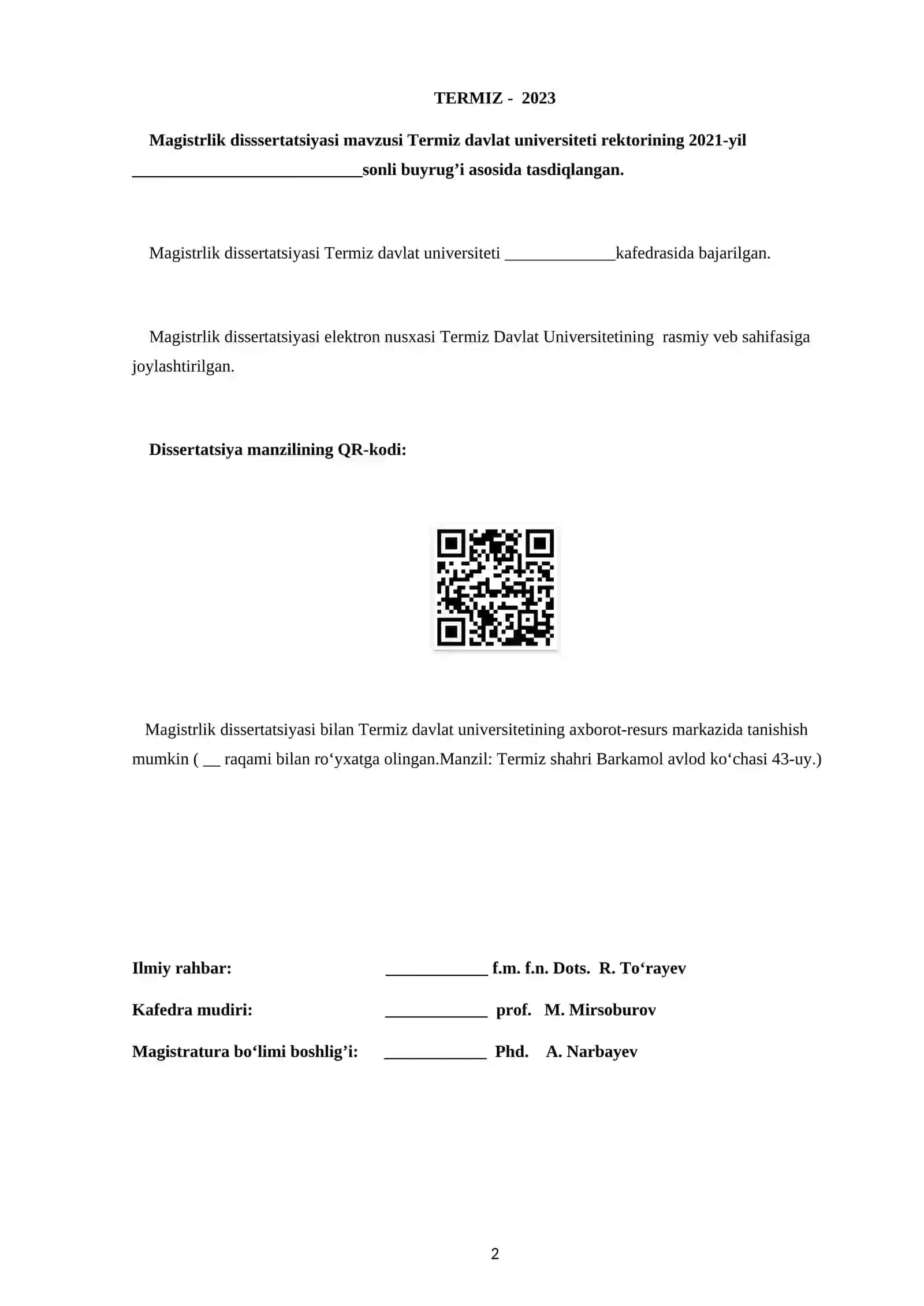 Magistrlik disssertatsiyasi mavzusi 2