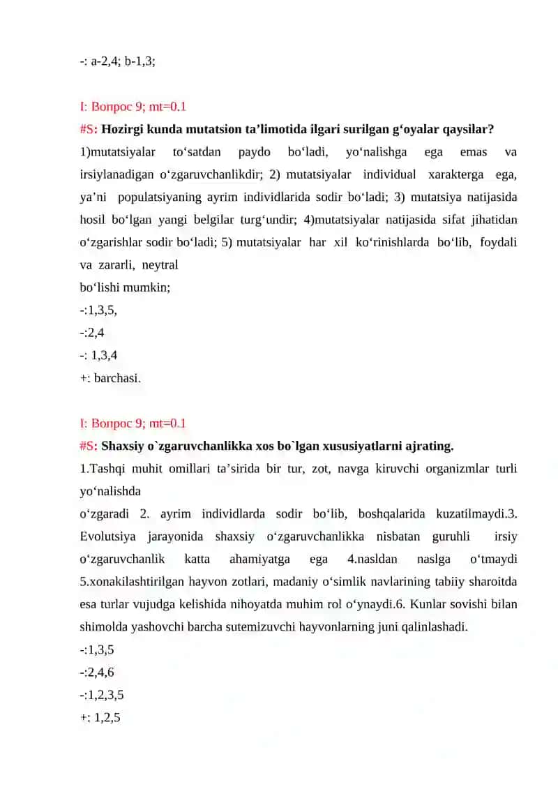 O’zgaruvchanlik shakllari, paydo bo’lish mexanizmlari test 2