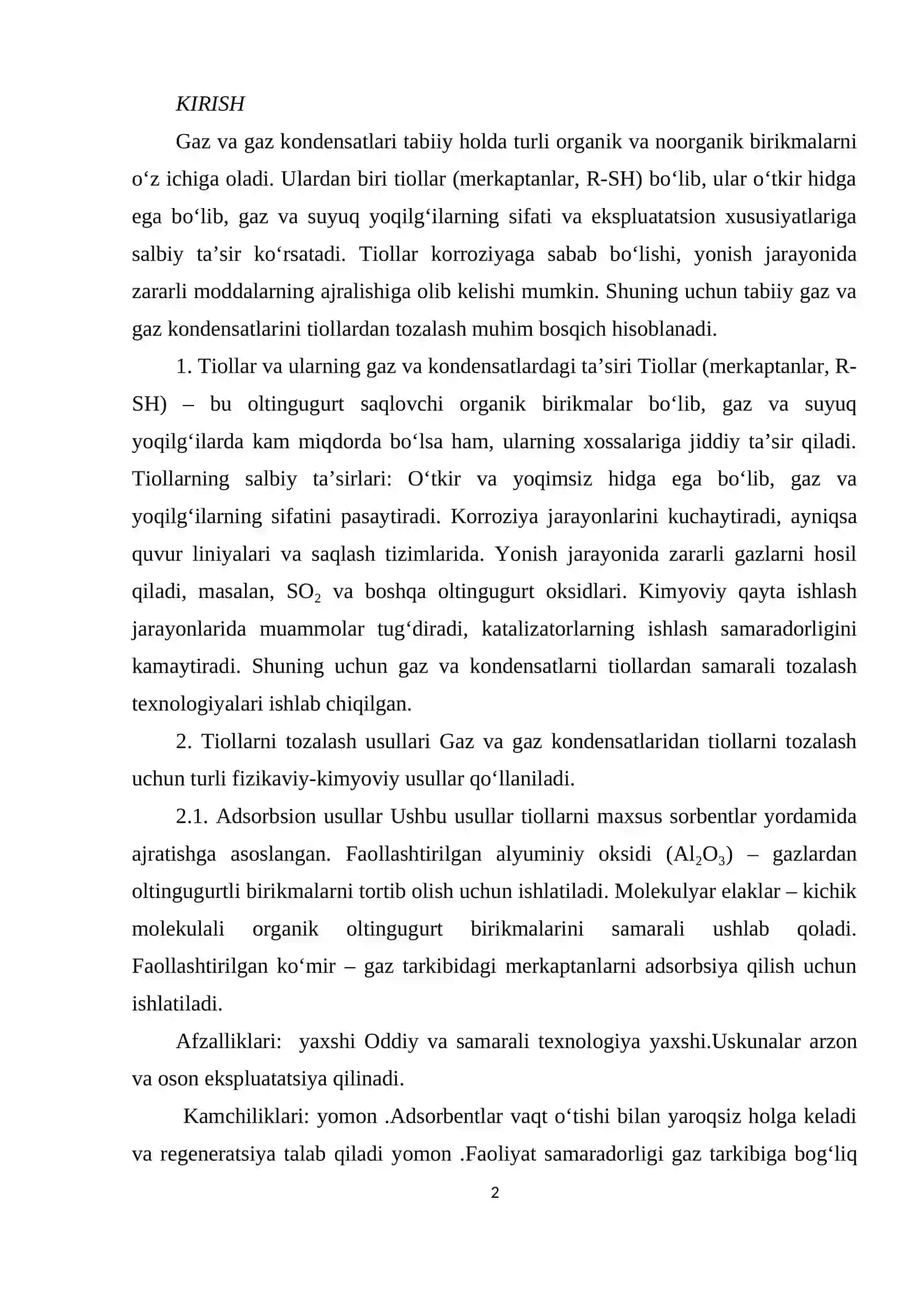 : Gaz va kondensatlarni tiollardan tozalash. 2