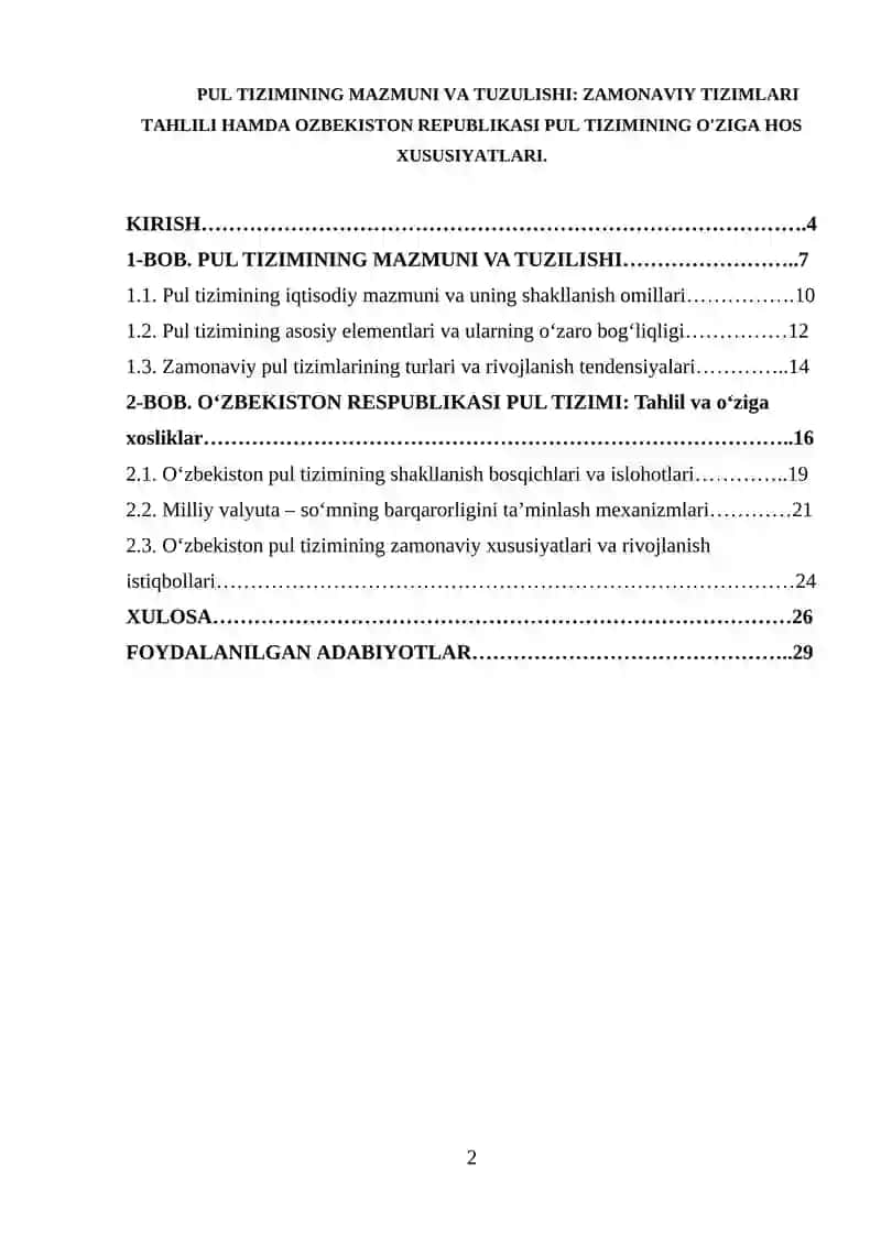PUL TIZIMINING MAZMUNI VA TUZULISHI 2