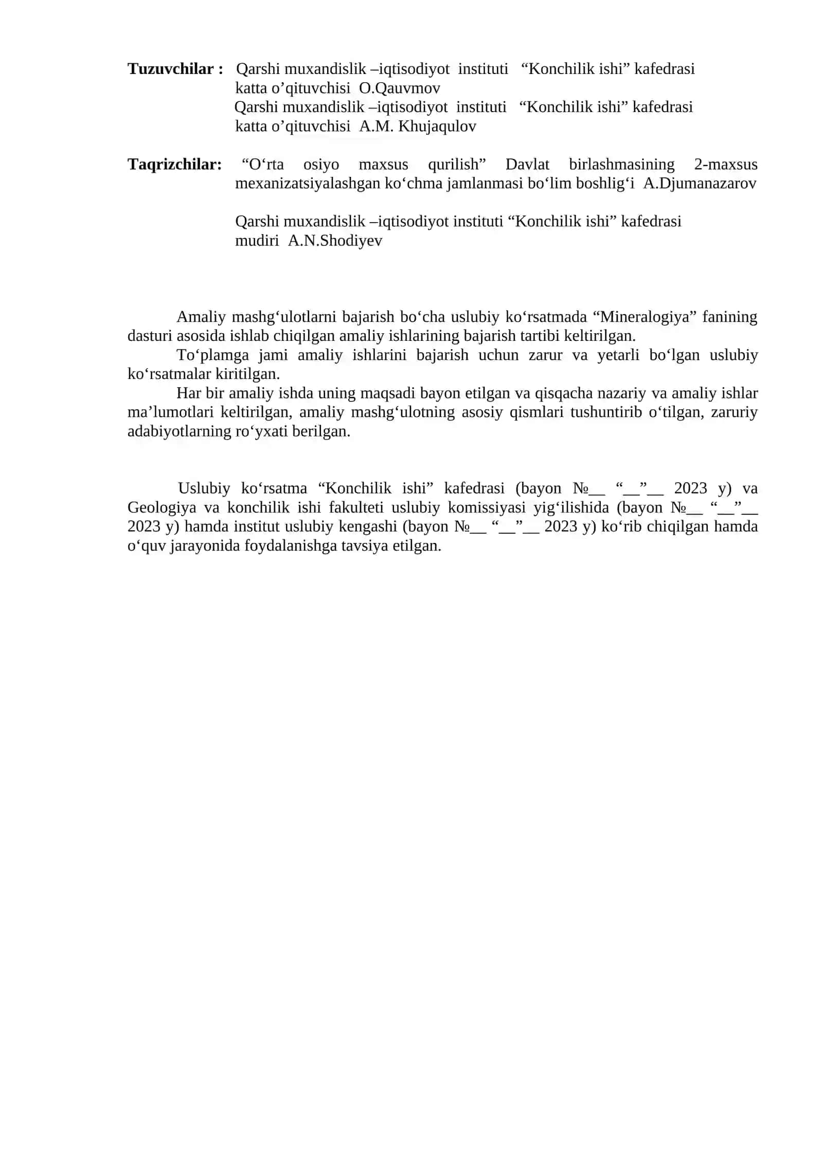 MINERALOGIYA amaliy mashg‘ulotlari 2