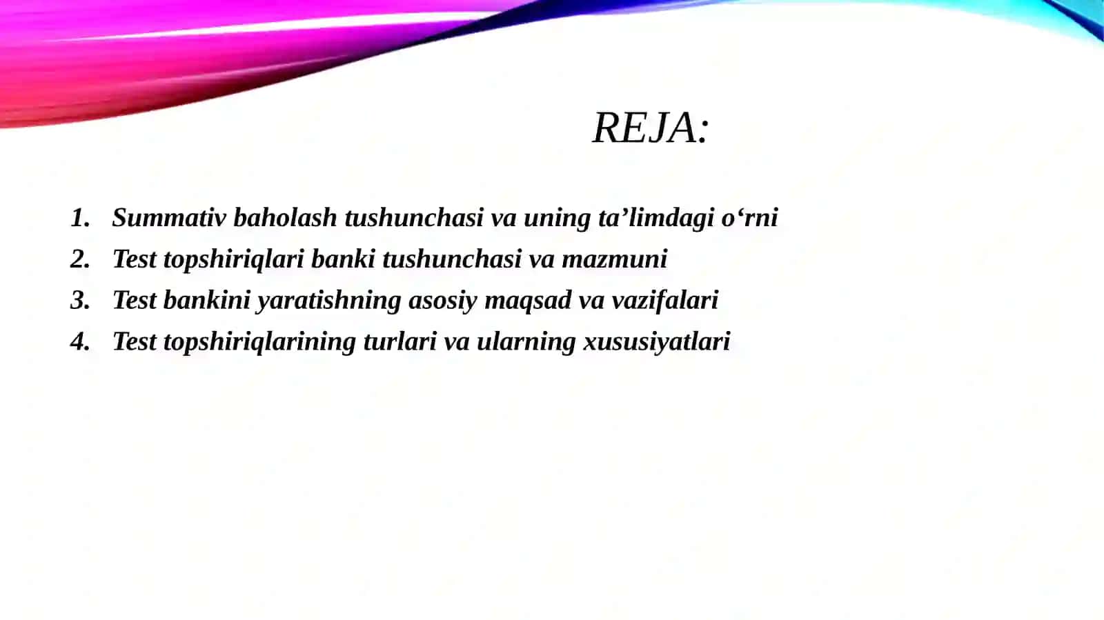 Summativ baholash uchun test topshiriqlari banki 2
