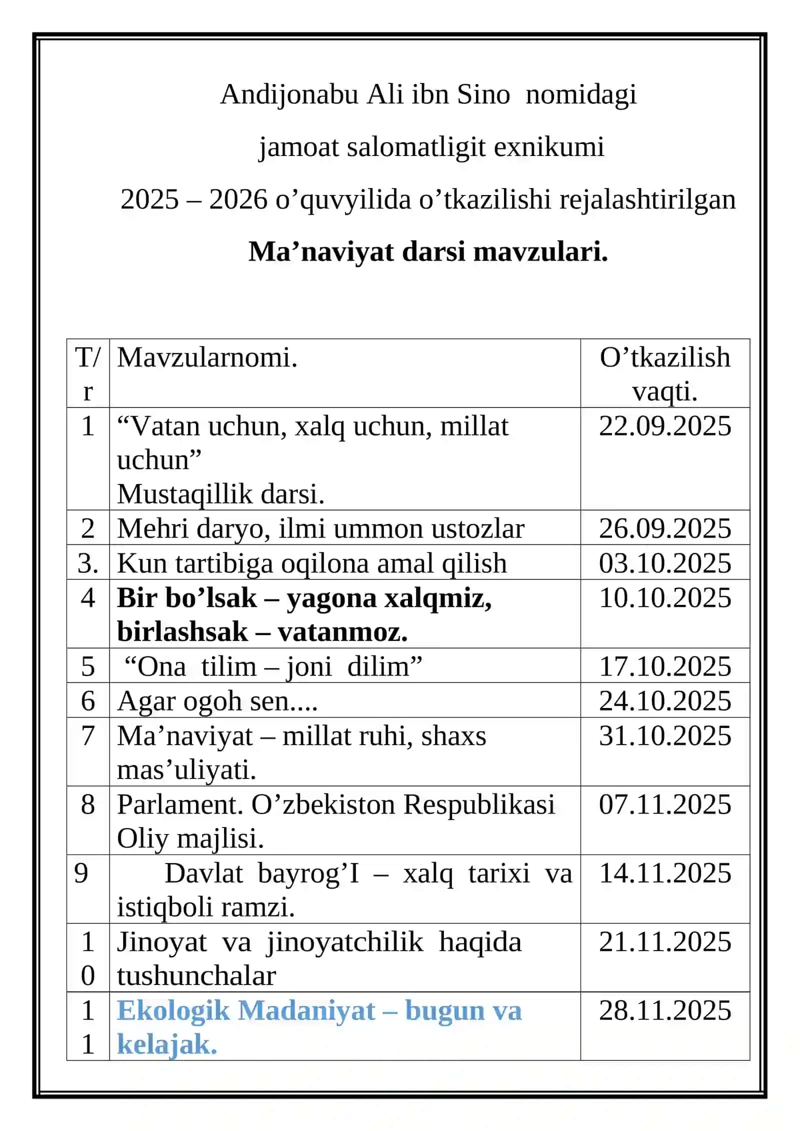 Ma’naviyat soati mavzulari rejasi 2025-2026 2