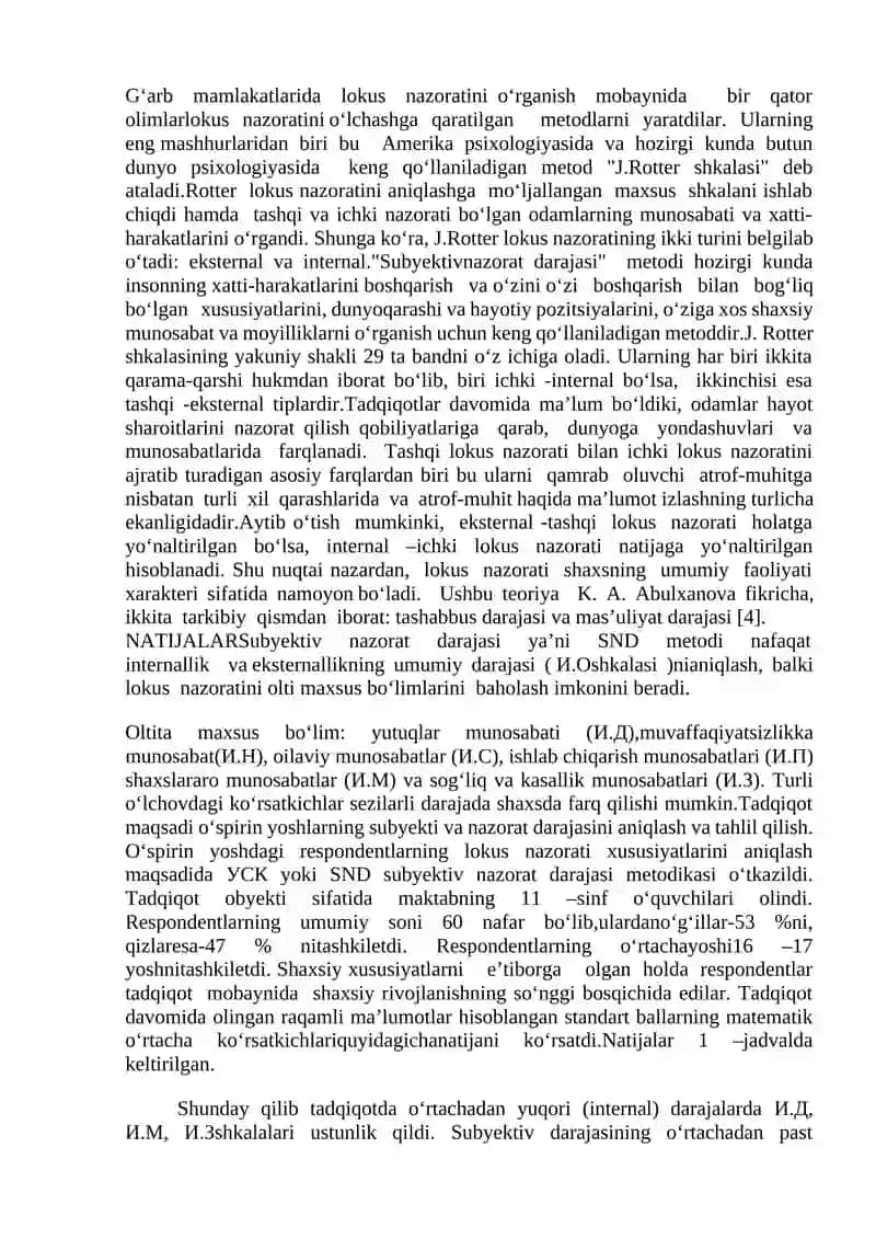 Sub’ektiv nazorat darajasini o’rganish metodikasi 2
