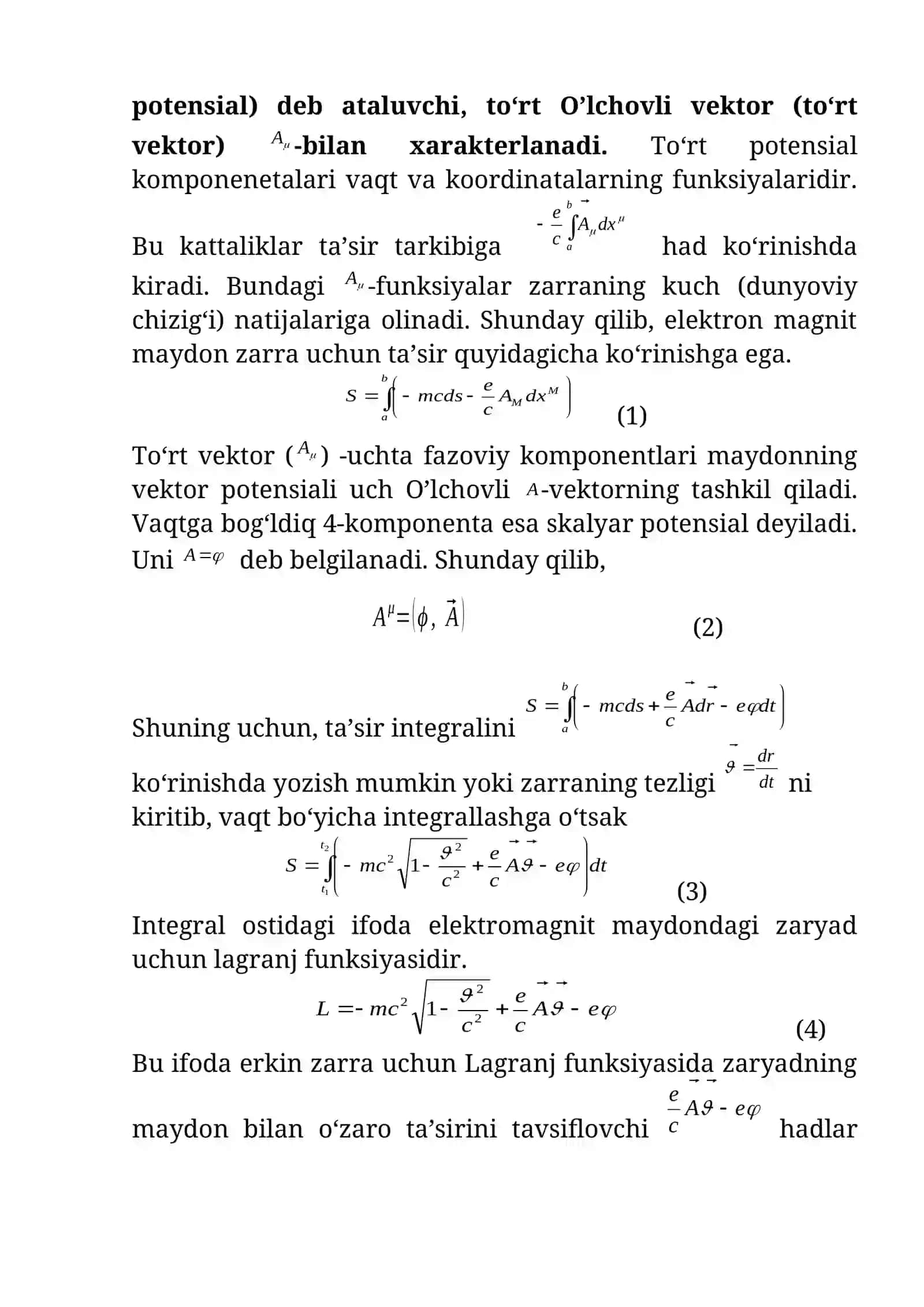 3-savol bayoni: To’rt O’lcham potensial 2