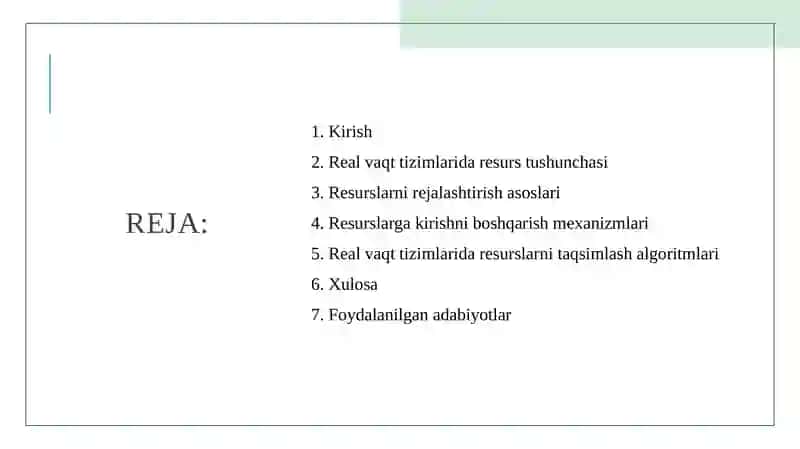 Real vaqt tizimlarida resurslarni boshqarish va taqsimlash 2