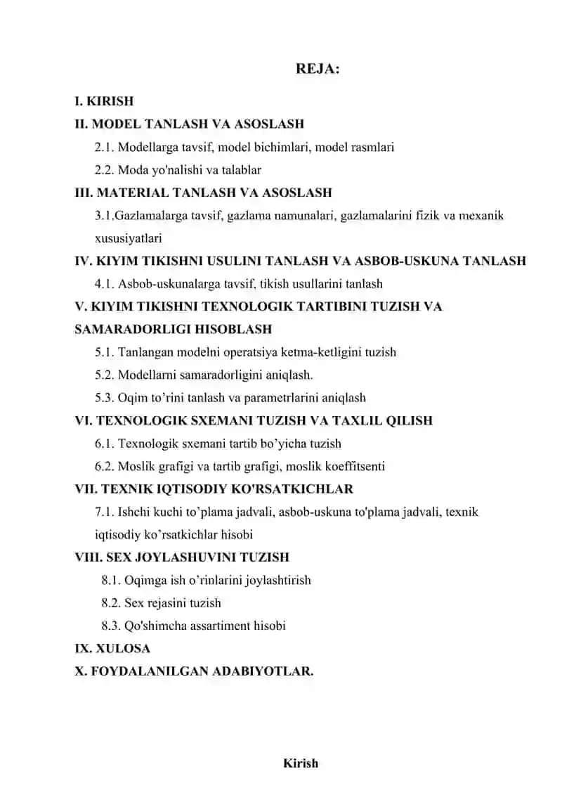 ERKAKLAR PIDJAGINI ISHLAB CHIQARISH TEXNOLOGIK JARAYONNI LOYIHALASH 2