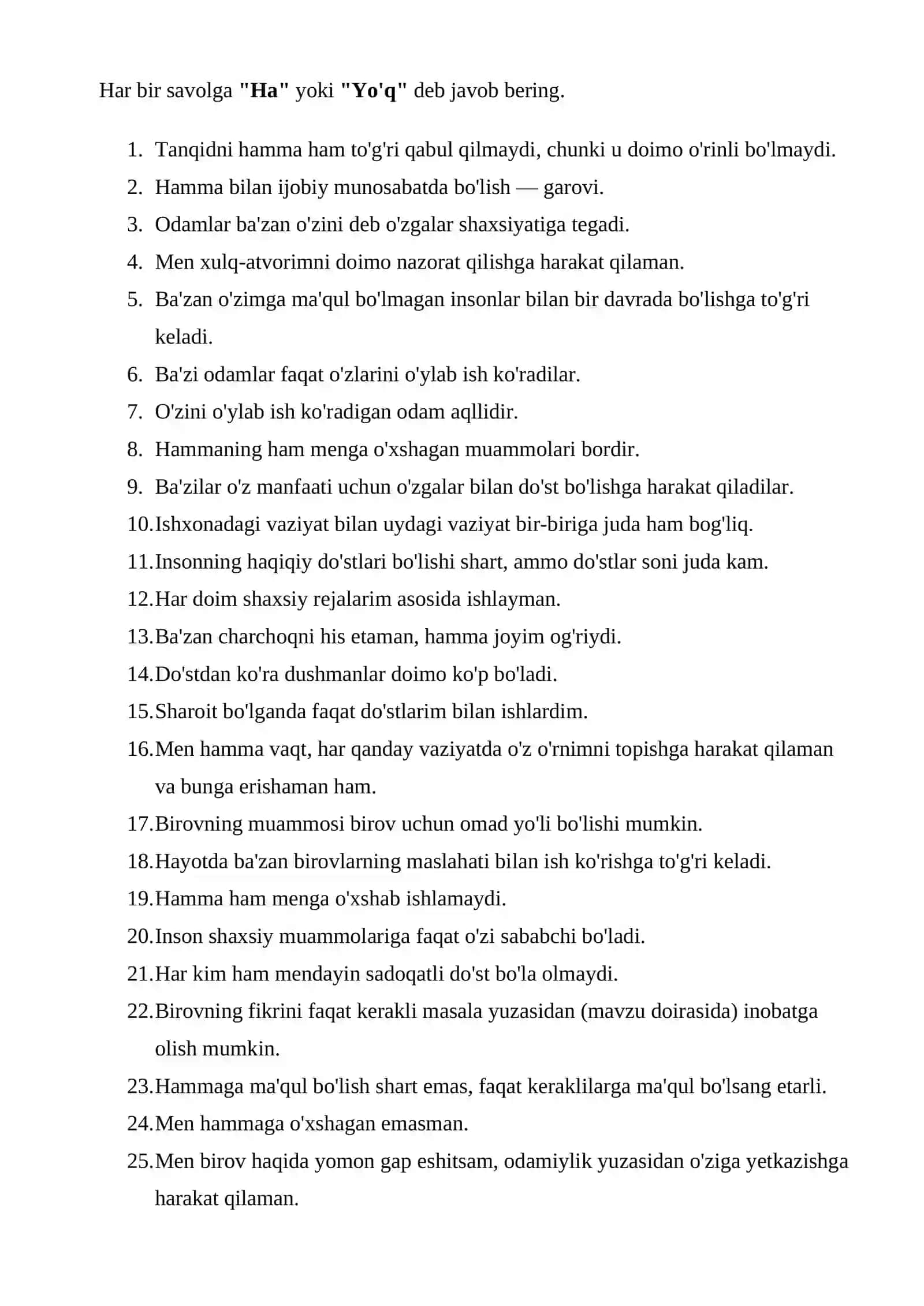 ISHKI ISHLARGA KIRUVCHILAR USHUN TESTLAR TOPLAMI 2