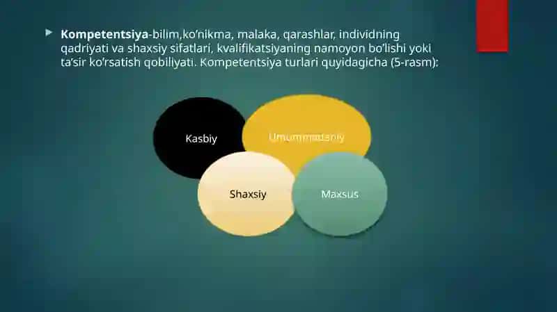 PEDAGOGLIKKASBINING SATHLARINI TASHKIL ETUVCHI KOMPETENSIYALAR 2