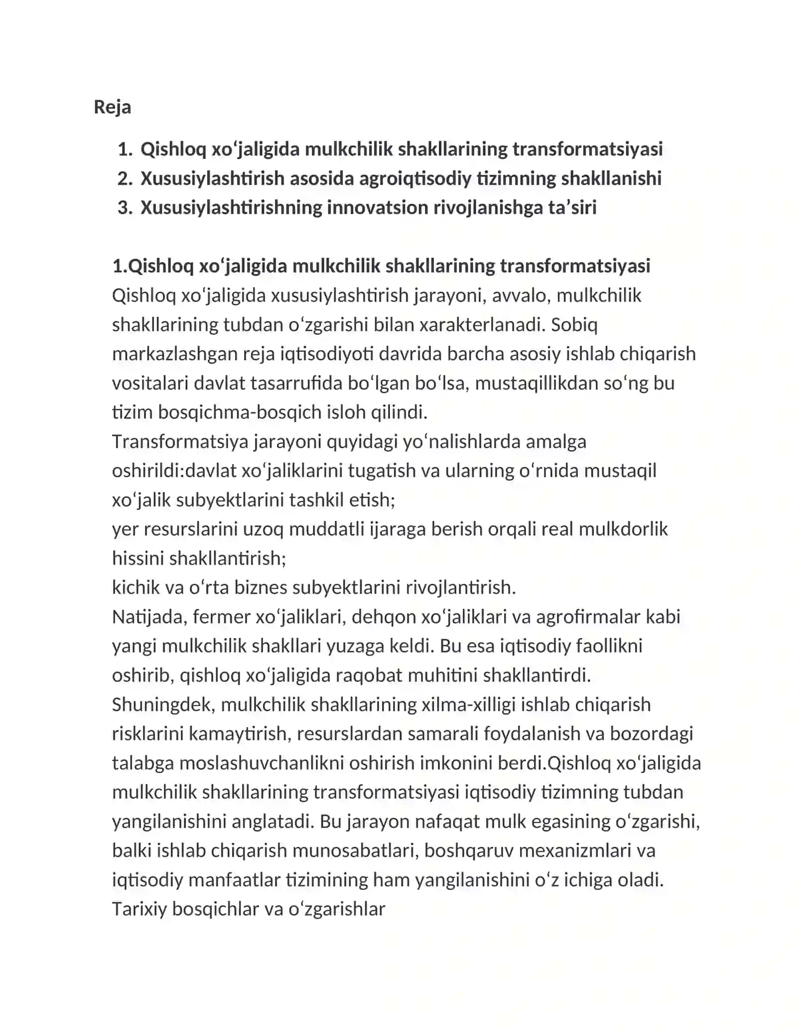 Qishloq xoʻjaligi sohasida xususiylashtirish 2