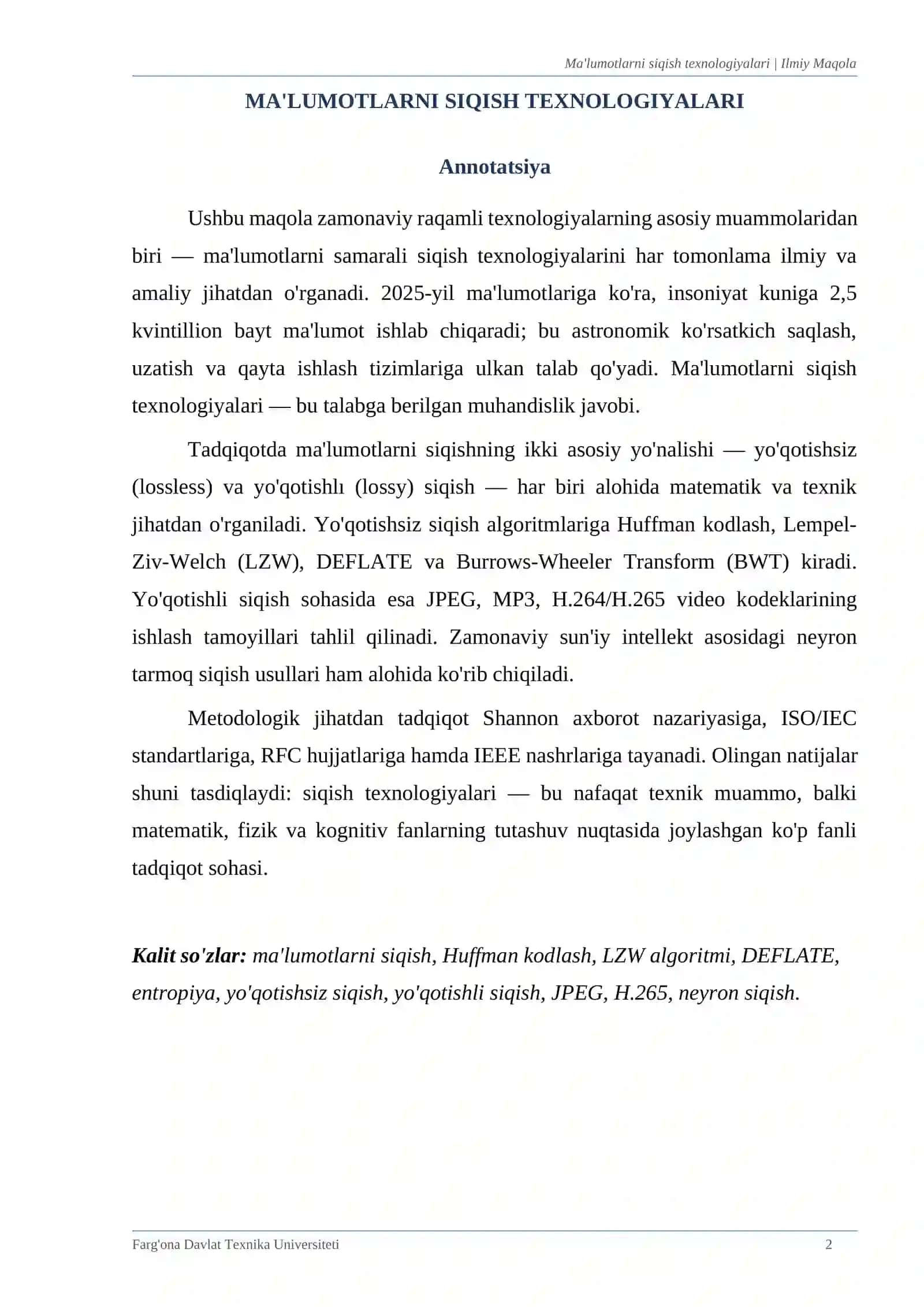 MA'LUMOTLARNI SIQISH TEXNOLOGIYALARI MAQOLA 2