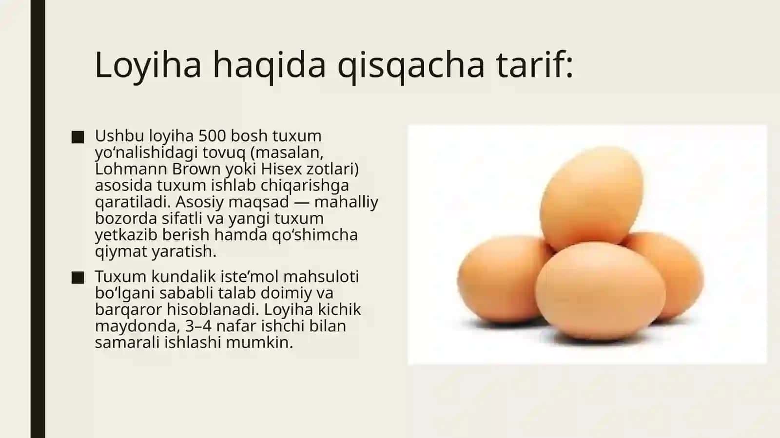 (100 millionlik Loyiha ishi ) Qishloq xo’jaligida parrandalarr orqali tuxum ishlab chiqarish 2