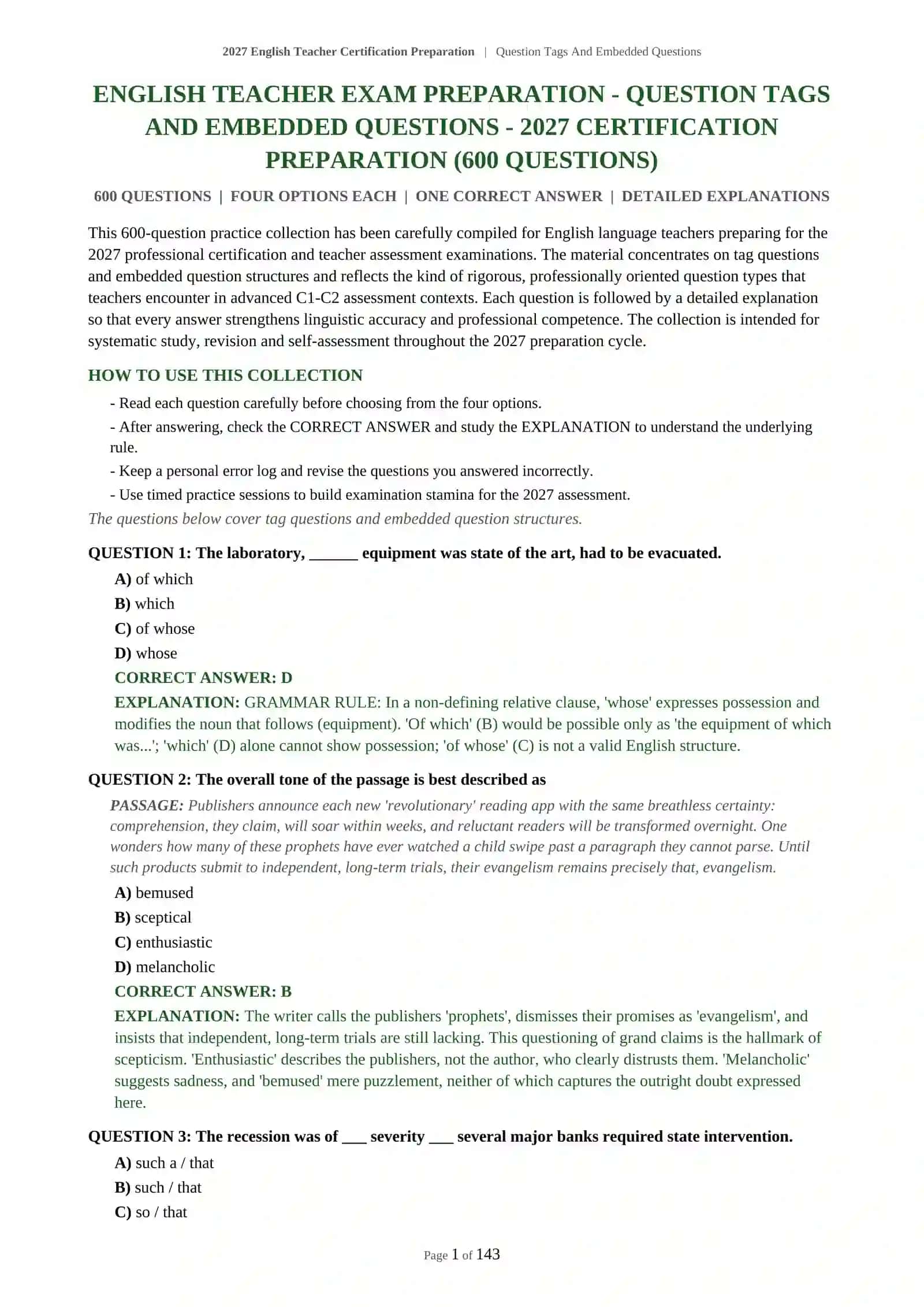 English Teacher Certification Preparation | Question Tags And Embedded Questions 2