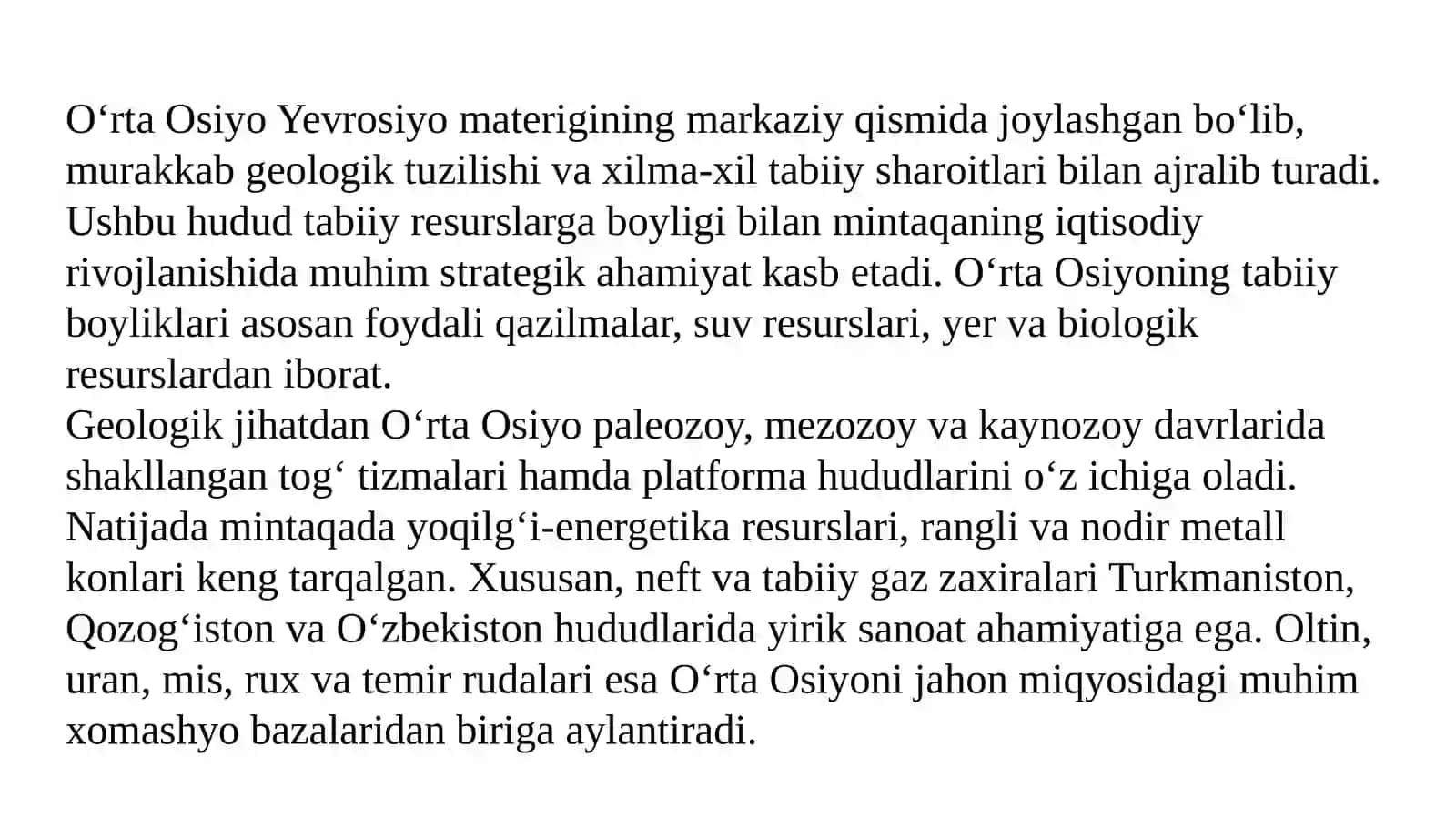 O‘rta osiyo davlatlarining tabiiy boyliklari 2