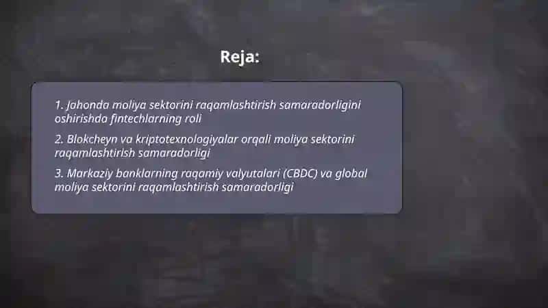 Jahonda moliya sektorini raqamlashtirish samaradorligi 2