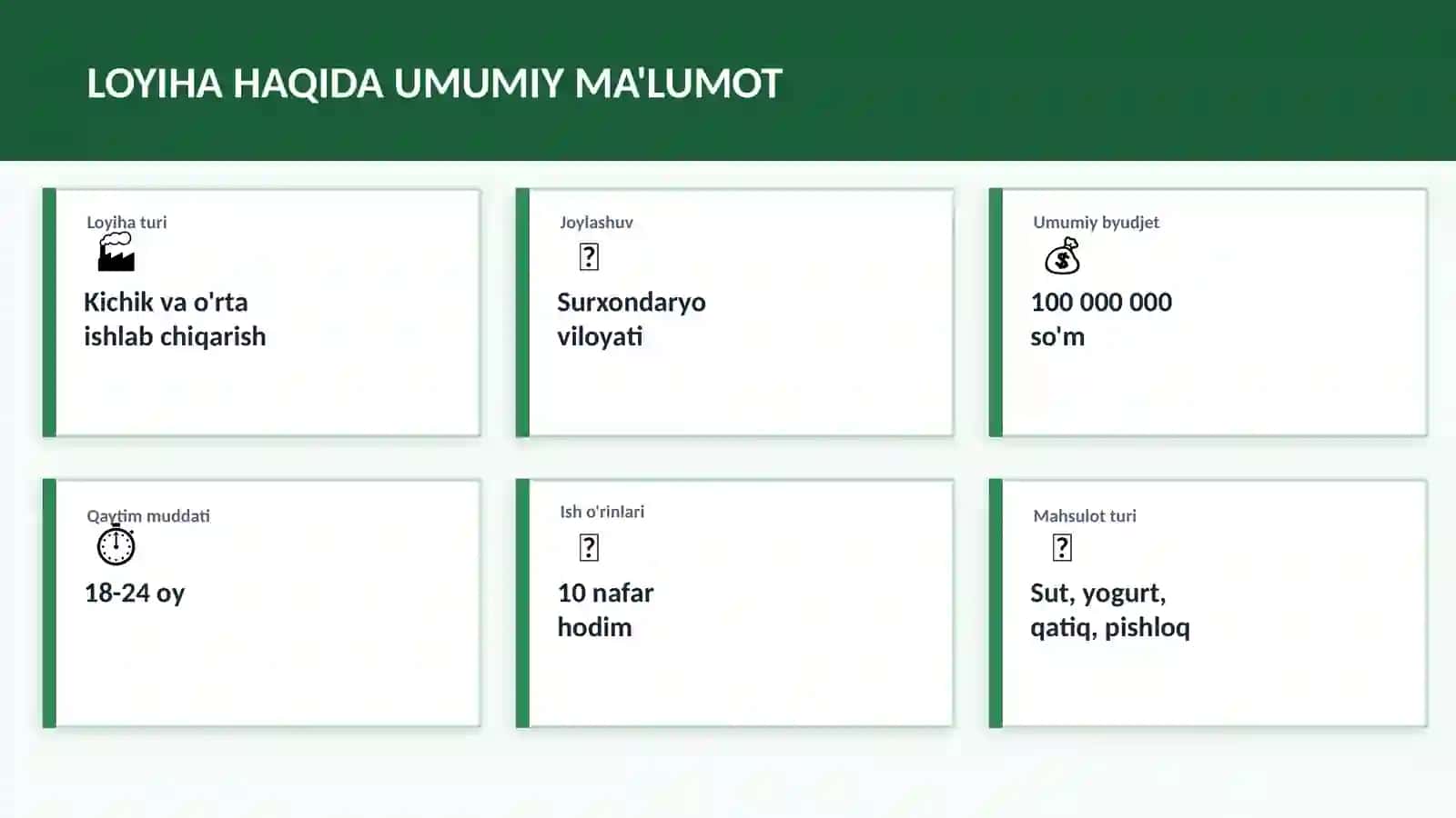 (100 millionlik loyiha ishi)  Sut Mahsulotlarini Qayta Ishlash loyihasi 2