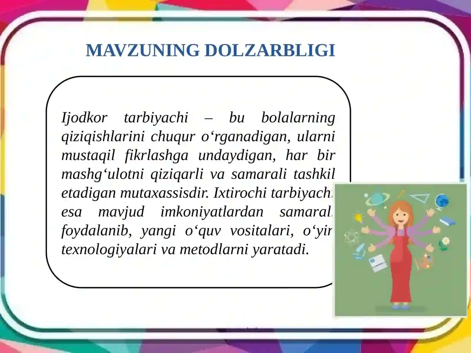 “ENG YAXSHI IJODKOR-IXTIROCHI TARBIYACHI” nominatsiyasida tayyorlagan TAQDIMOTI 2