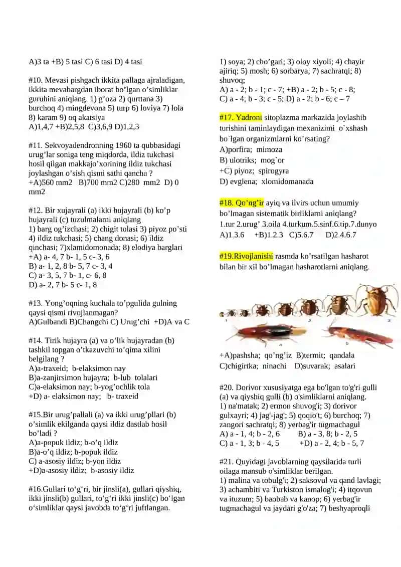 Biologiya fanidan test savollari 2