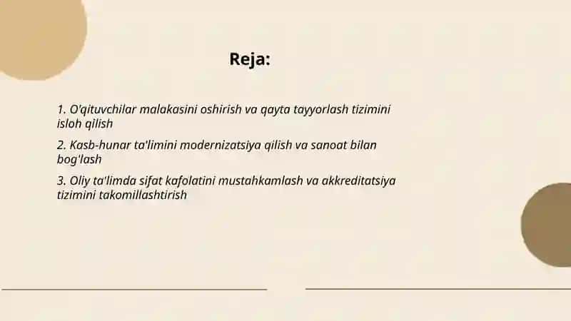 Kadrlar tayyorlash va ta'lim sohasini isloh qilish 2