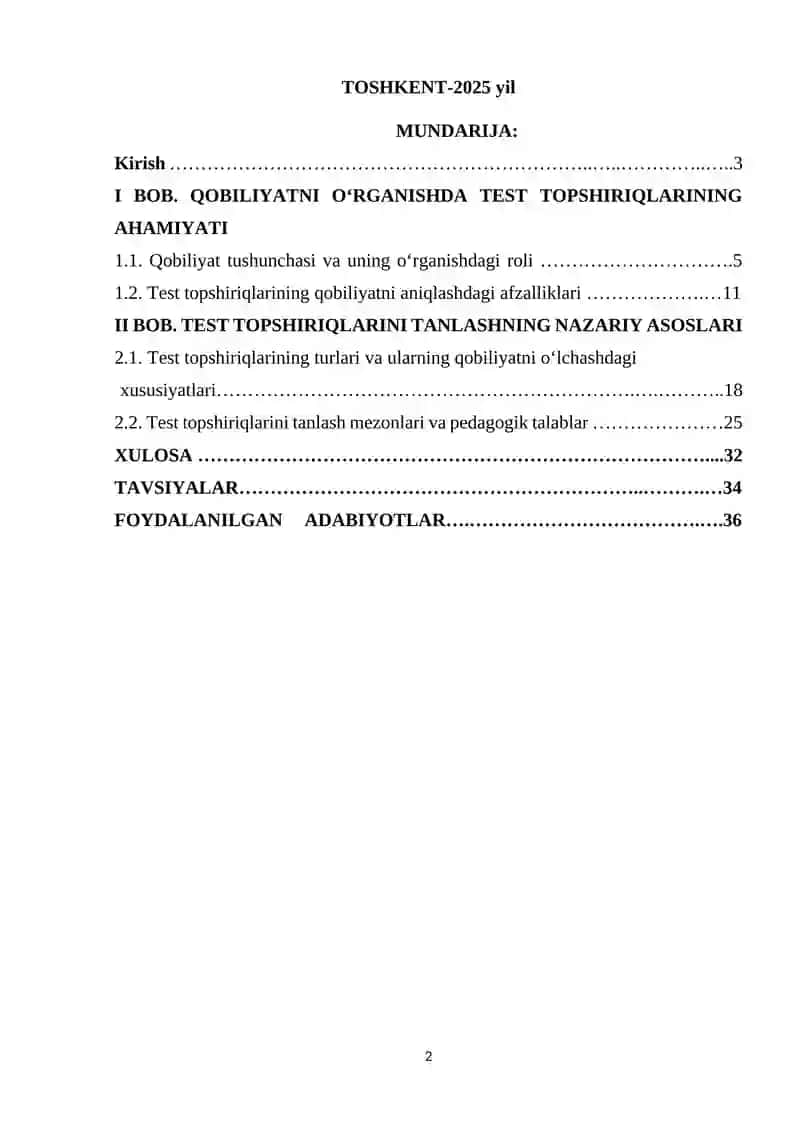 QOBILYATNI O'RGANISH TEST TOPSHIRIQLARINI TANLASH 2