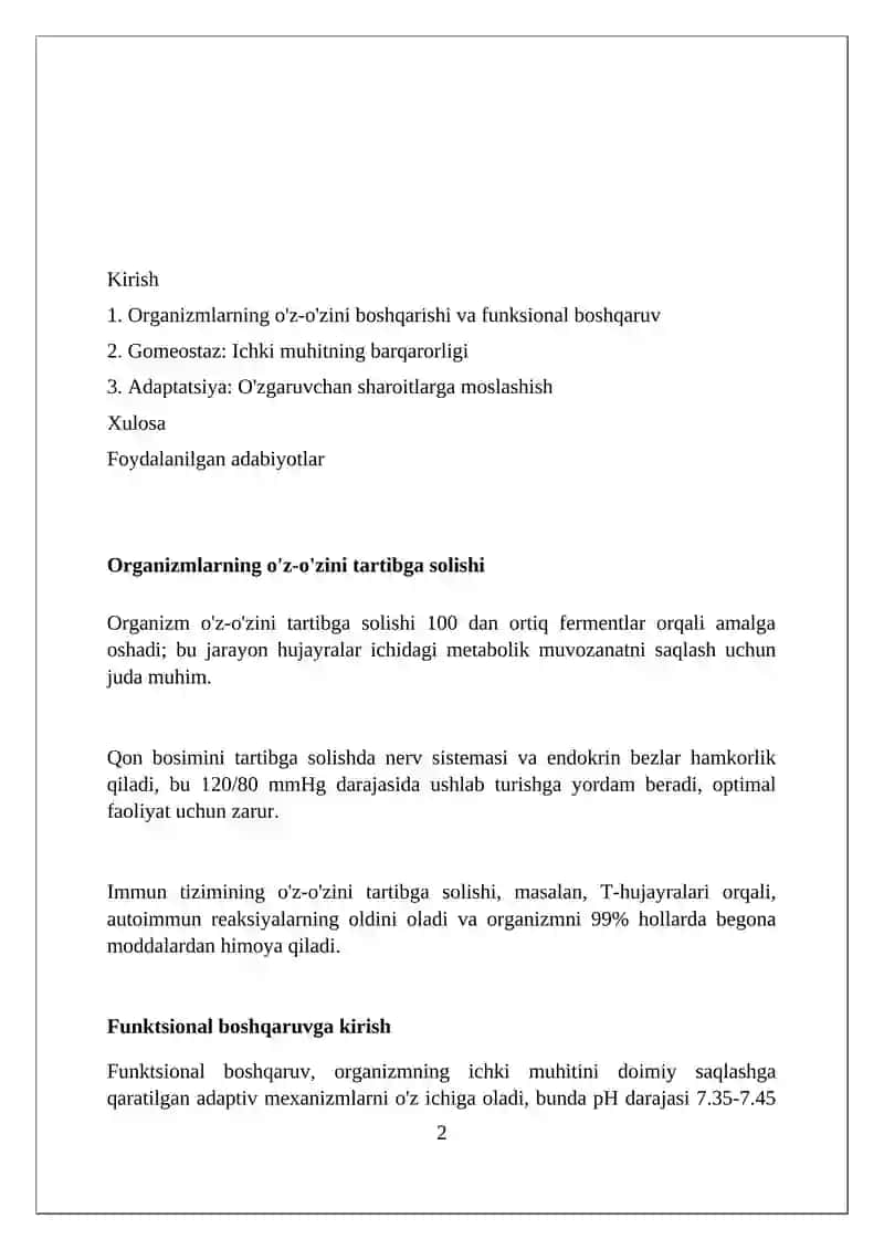Organizmlar oʻz oʻzini boshqarishi 2