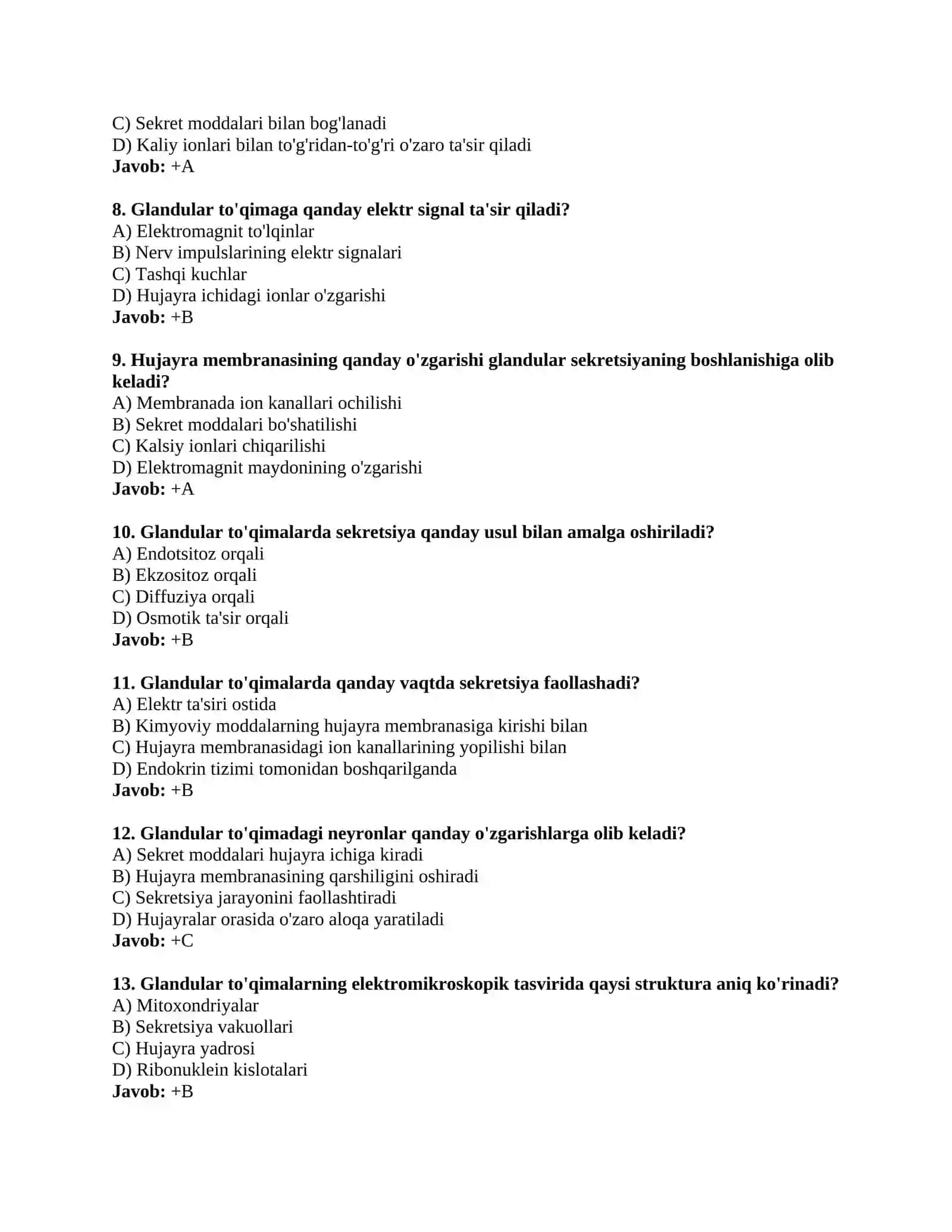 Glandular to'qimalar haqida test savollar 2