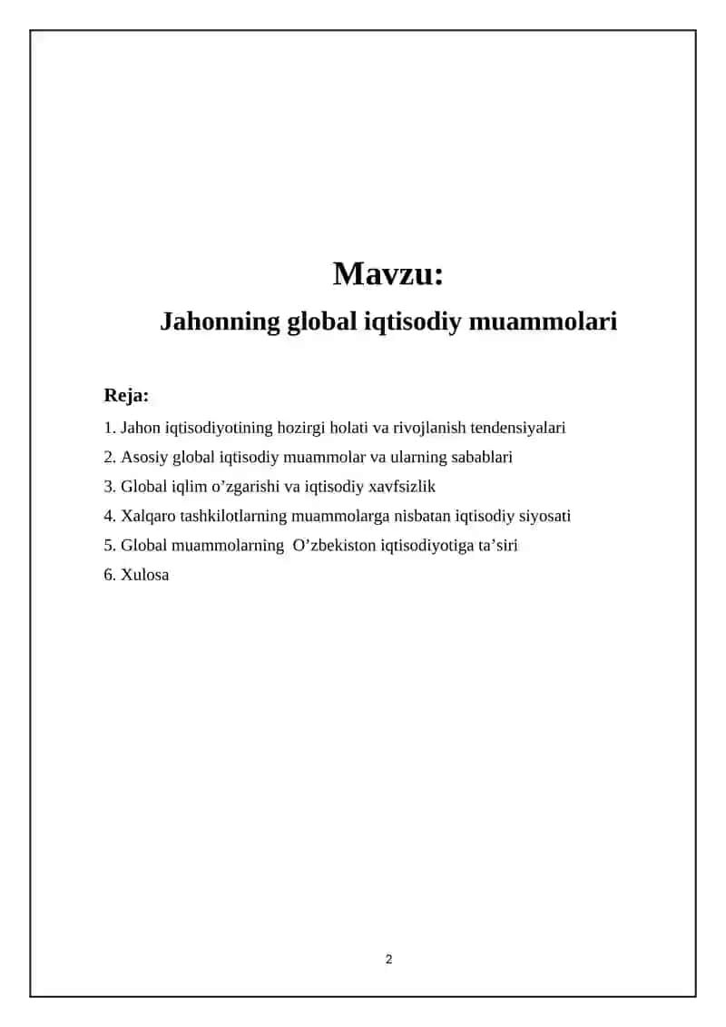 Jahonning global iqtisodiy muammolari 2
