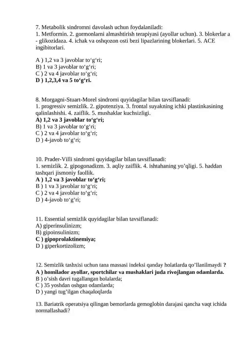 Semirib ketish (endokrinologiya). Malakaviy testlar 2