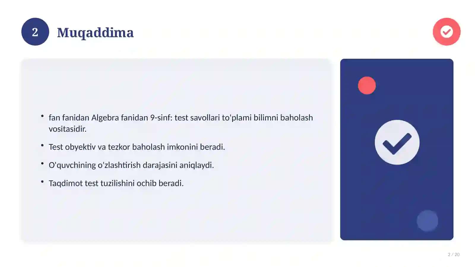 Algebra fanidan 9-sinf: test savollari to'plami 2
