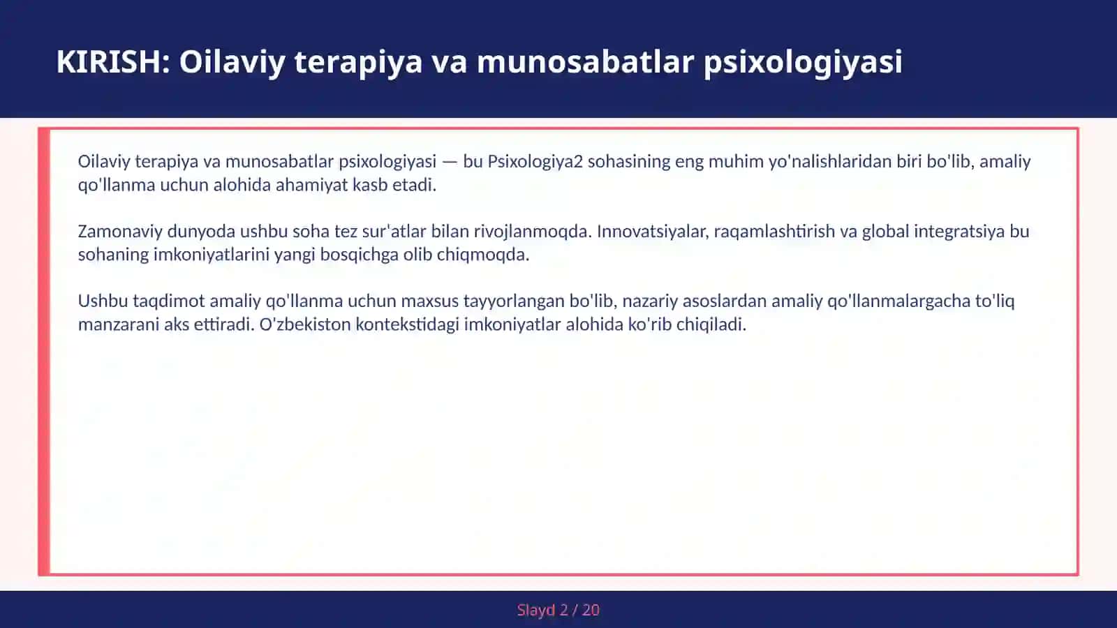 Oilaviy terapiya va munosabatlar psixologiyasi 2