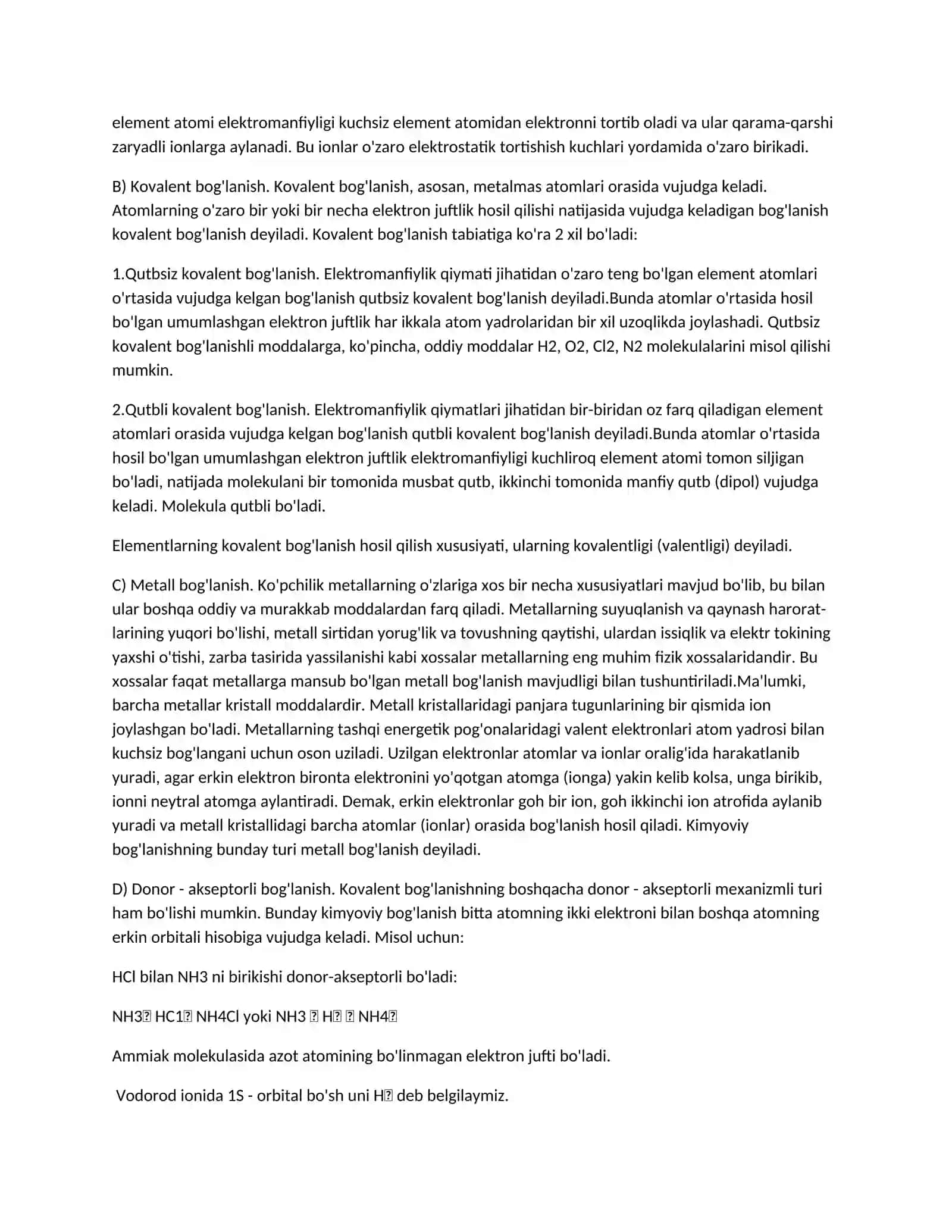 Kimyoviy bog'lanishlarning vujudga kelishi. O/D. VALENTLIK 2