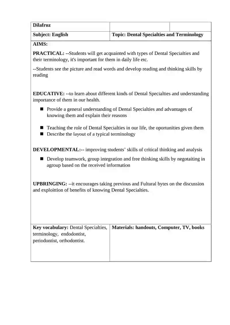 Dental Specialties and Terminology Lesson Plan 2