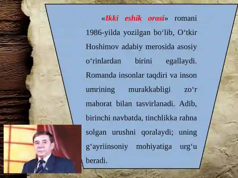 "IKKI ESHIK ORASI" ROMANIDAN OLINGAN PARCHA HAQIDA 2