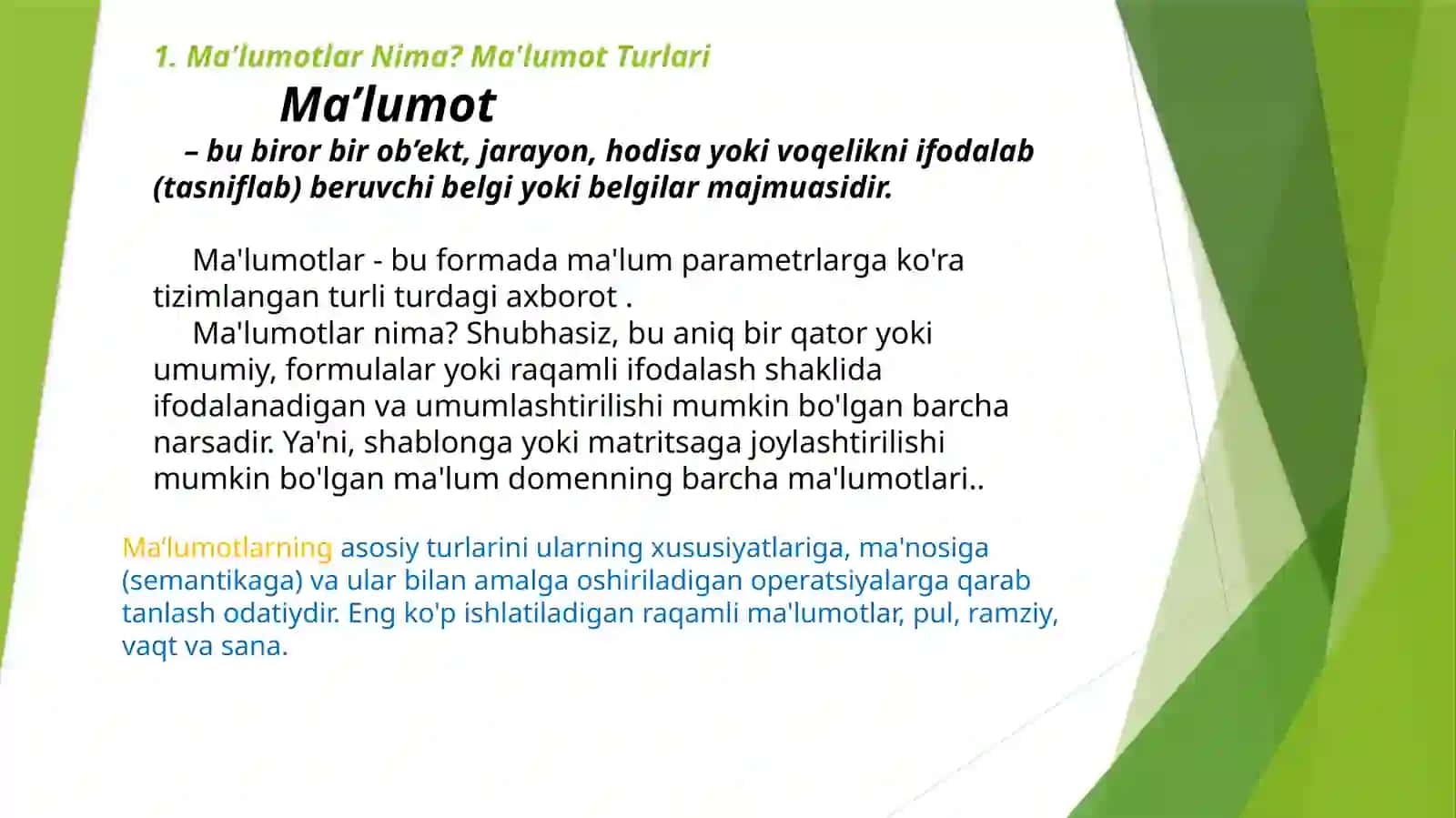 MA’LUMOTLAR VA AXBOROT.MA’LUMOT TURLARI. BOSHLANG’ICH MA’LUMOTLAR 2