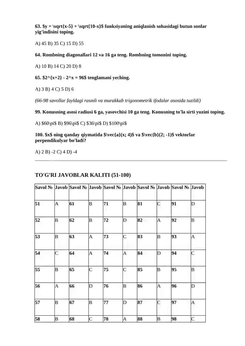 MATEMATIKA DTM 2025 TEST SAVOLLARI (51-100) 2- QISM 2