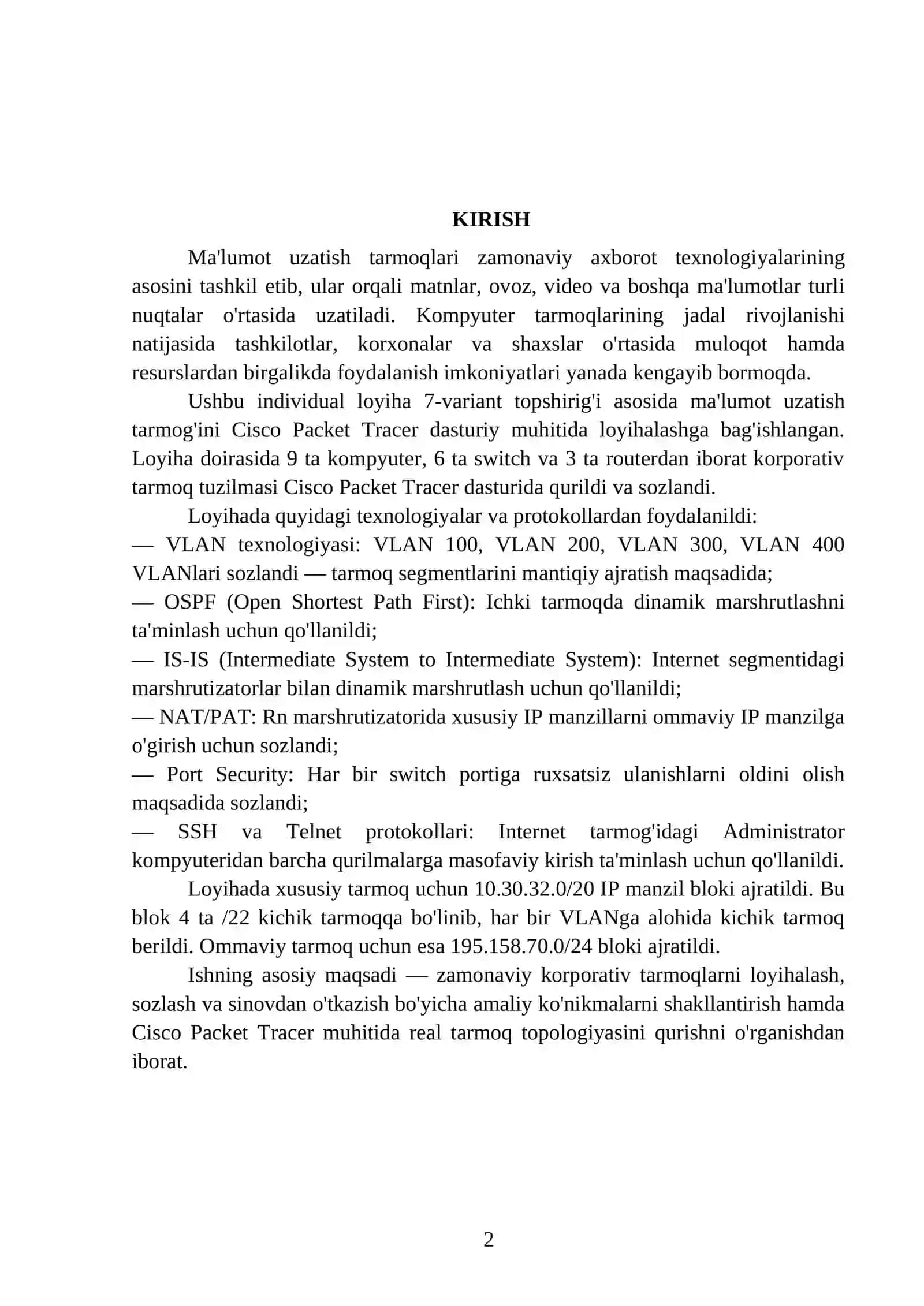 Ma'lumot uzatish tarmog'ini Cisco Packet Tracer dasturida loyihalash 2