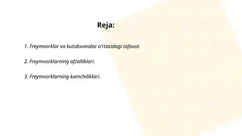 Freymworklarning bir-biridan farqi, afzalliklari, kamchiliklari 2