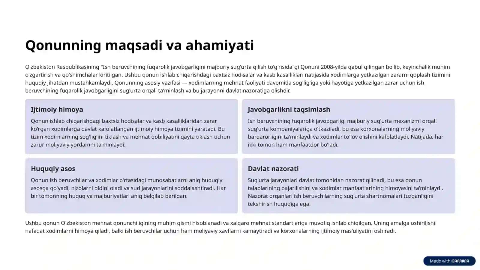 O‘zbekiston Respublikasining “Ish beruvchining fuqarolik javobgarligini majburiy sug'urta qilish to'g'risida” gi qonuni 2