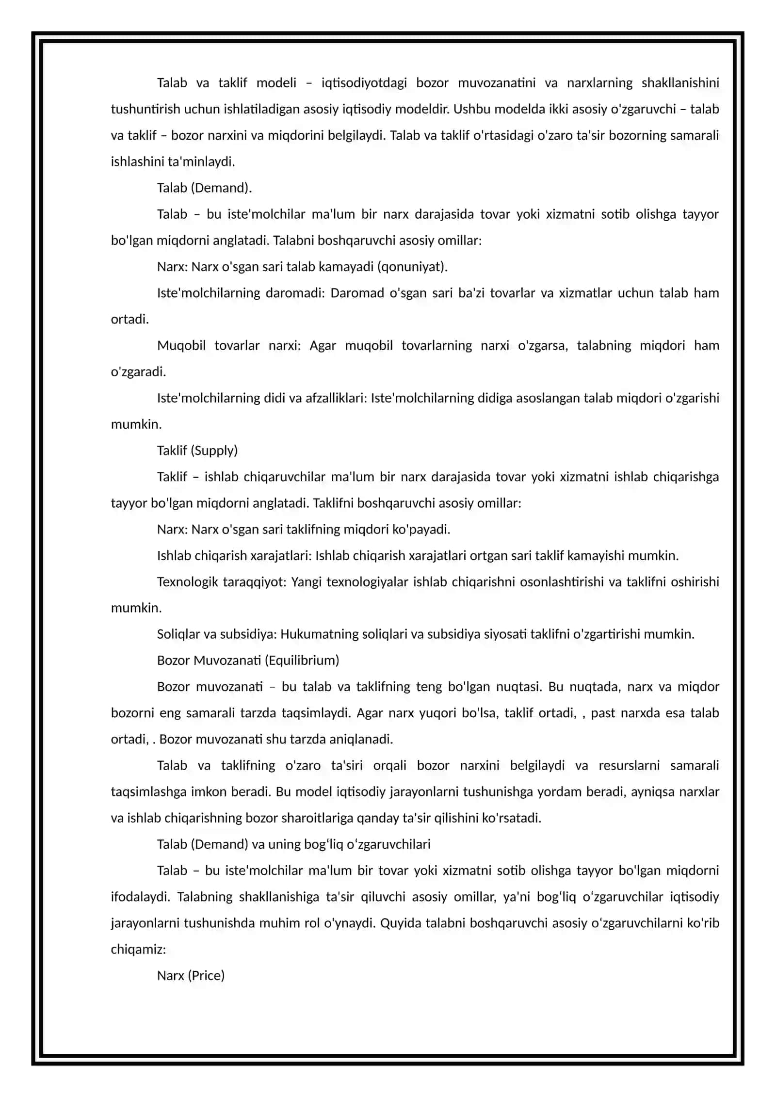 Talab va Taklif Modelining Mohiyati 2