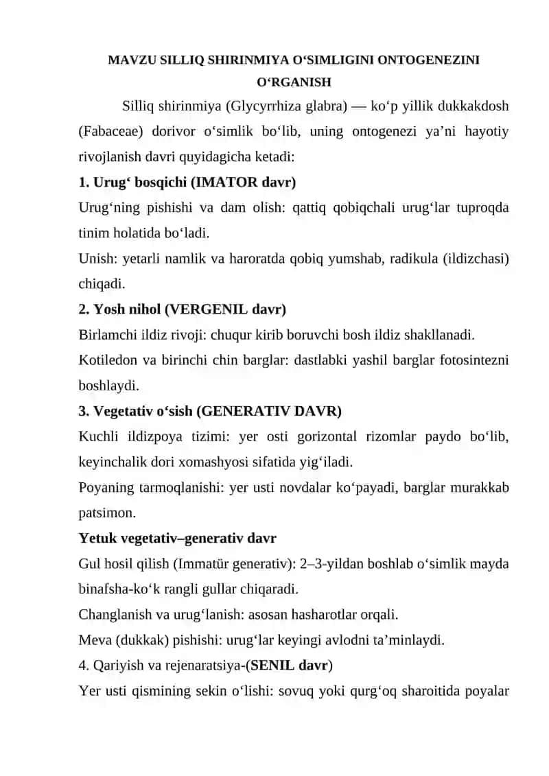 Silliq shirinmiya o‘simligini ontogenezini o‘rganish 2