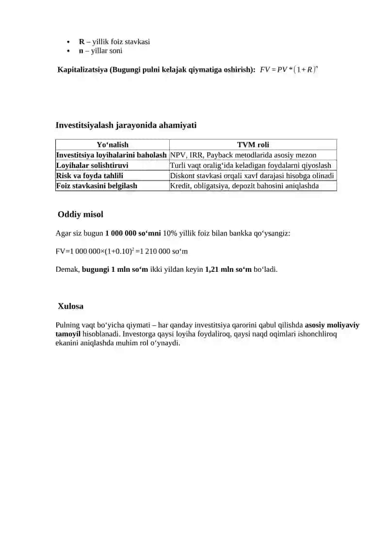 Pulning vaqt bo’yicha qiymati 2