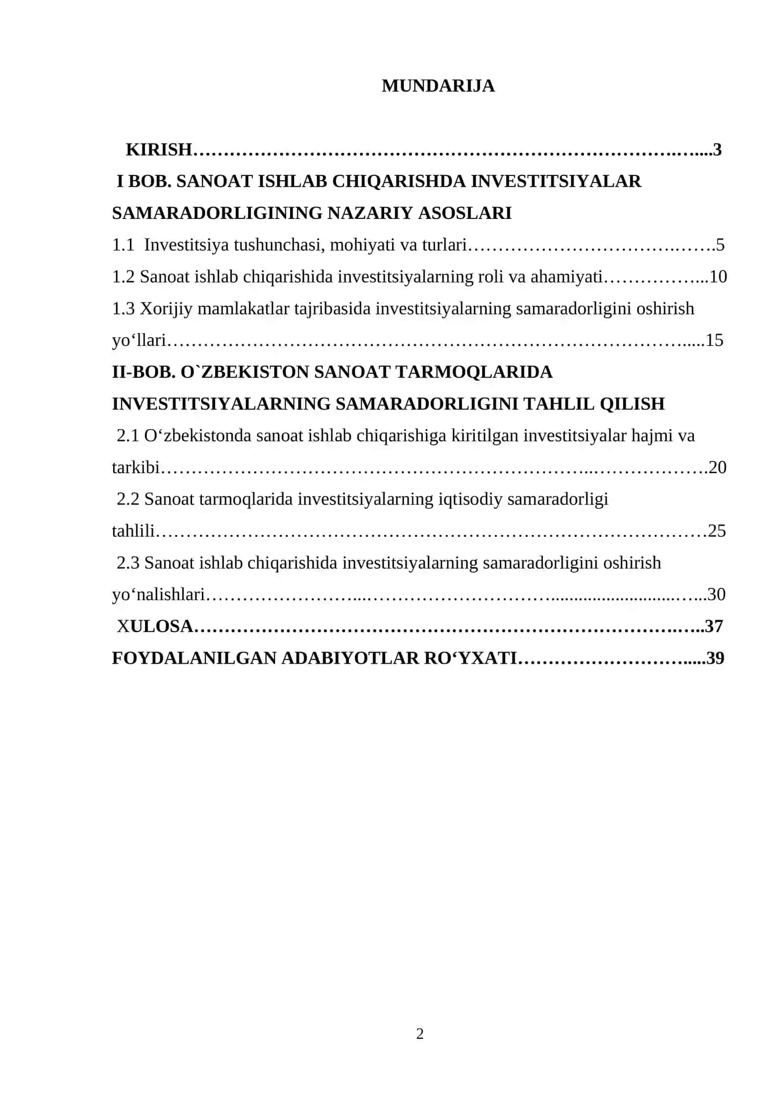 SANOAT ISHLAB CHIQARISHDA INVESTITSIYALARNING SAMARADORLIGI 2