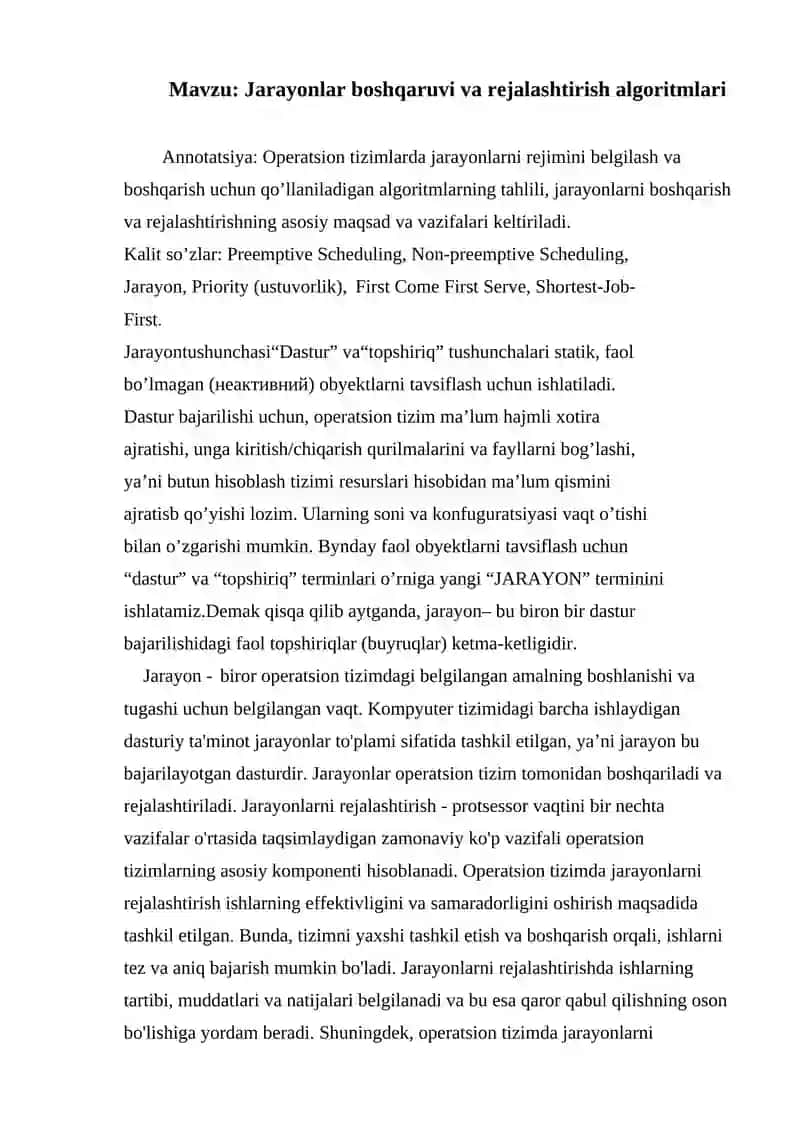 Jarayonlar boshqaruvi va rejalashtirish algoritmlari Operatsion tizimlar fanidan 2