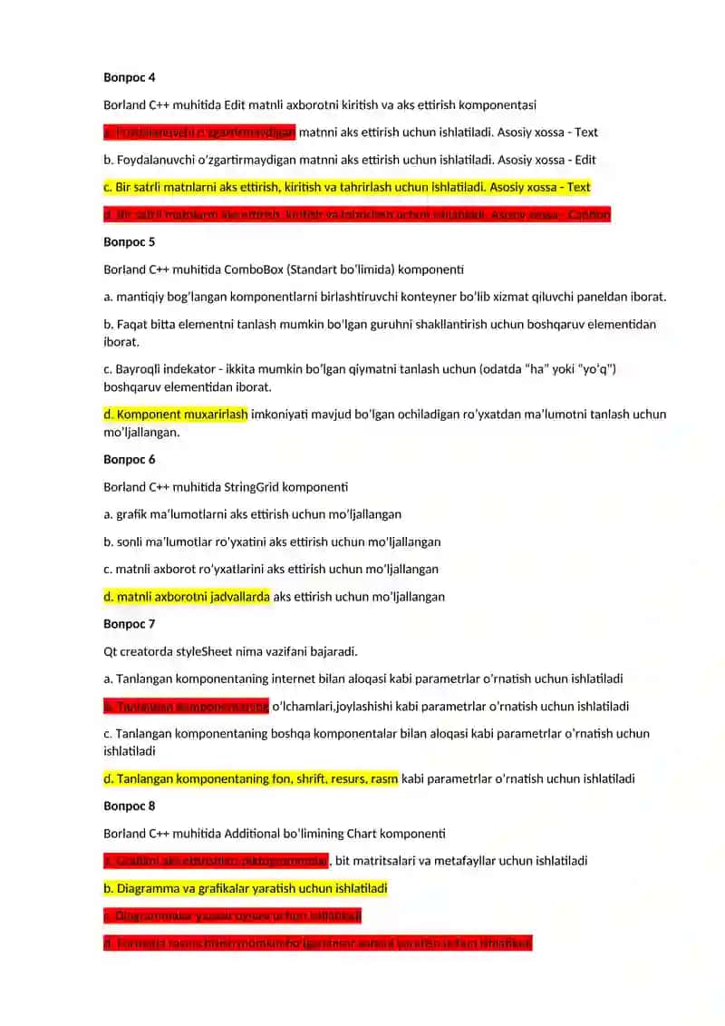 Borland C++ va Qt creator muhitida dasturlash bo'yicha savollar 2