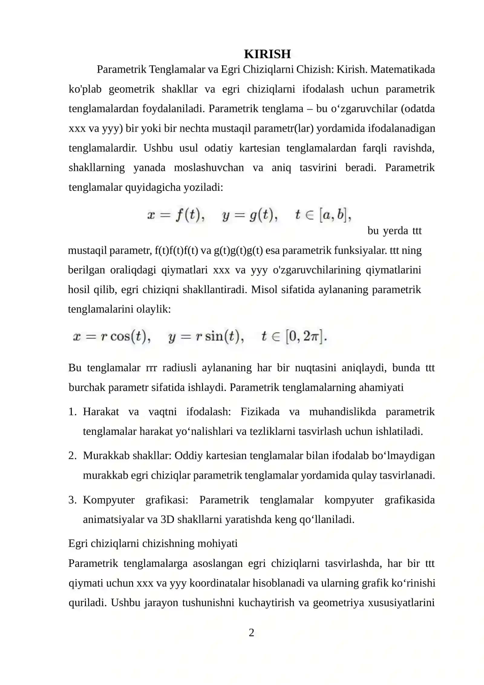 Parametrik Tenglamalar va Egri Chiziqlarni Chizish 2
