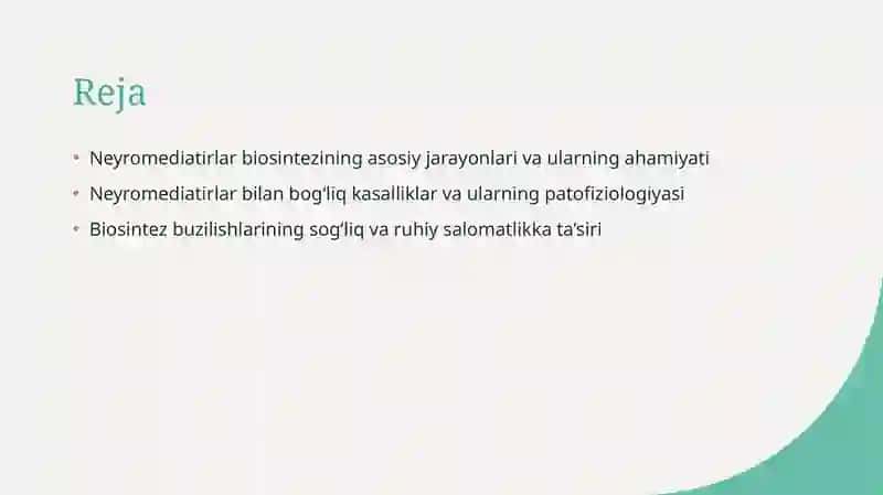 Neyromediatirlar biosintezi axamyati va kasalliklari 2