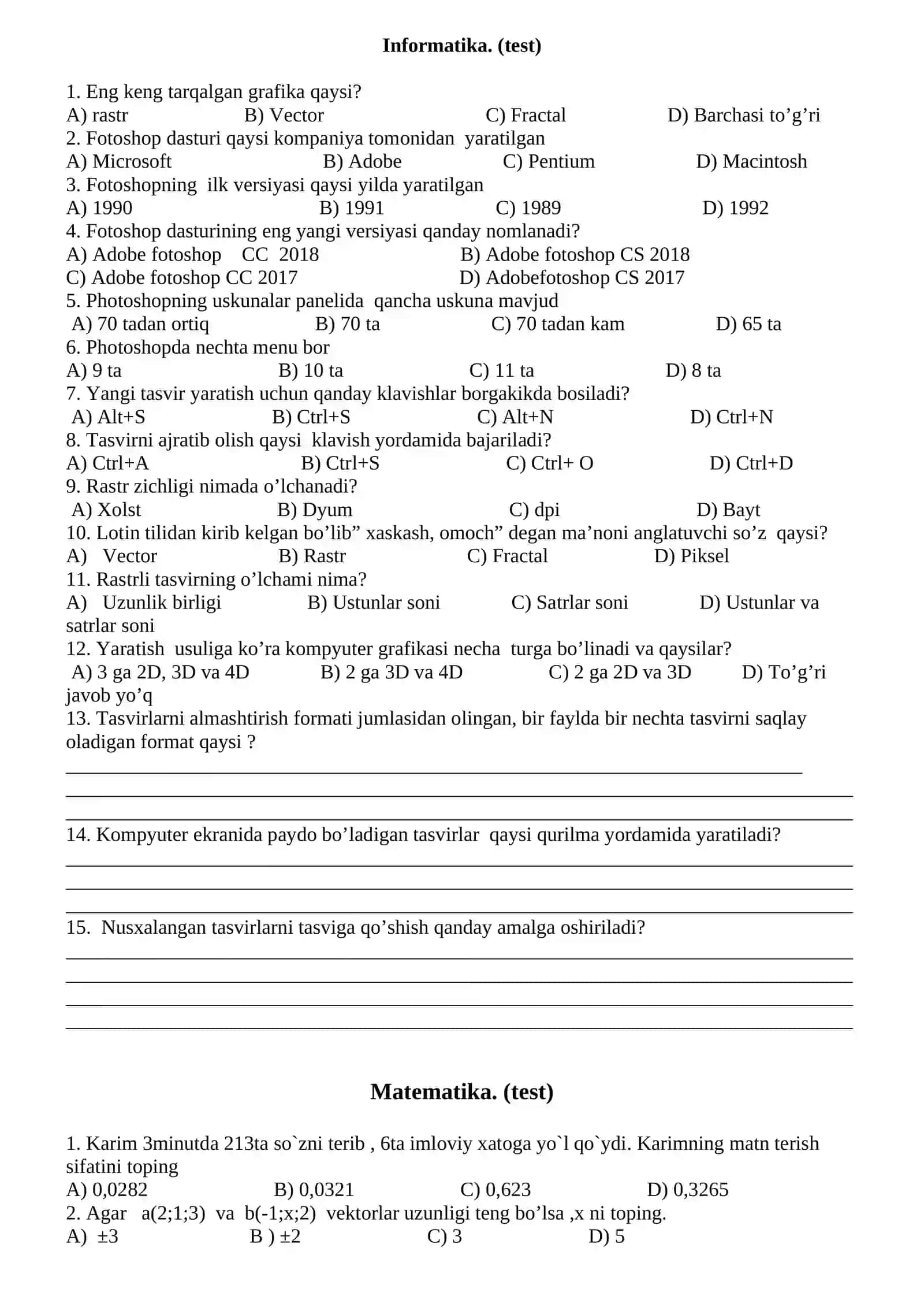 11-sinf. 2-chorak. 4-blok. Tarix. (test) 2