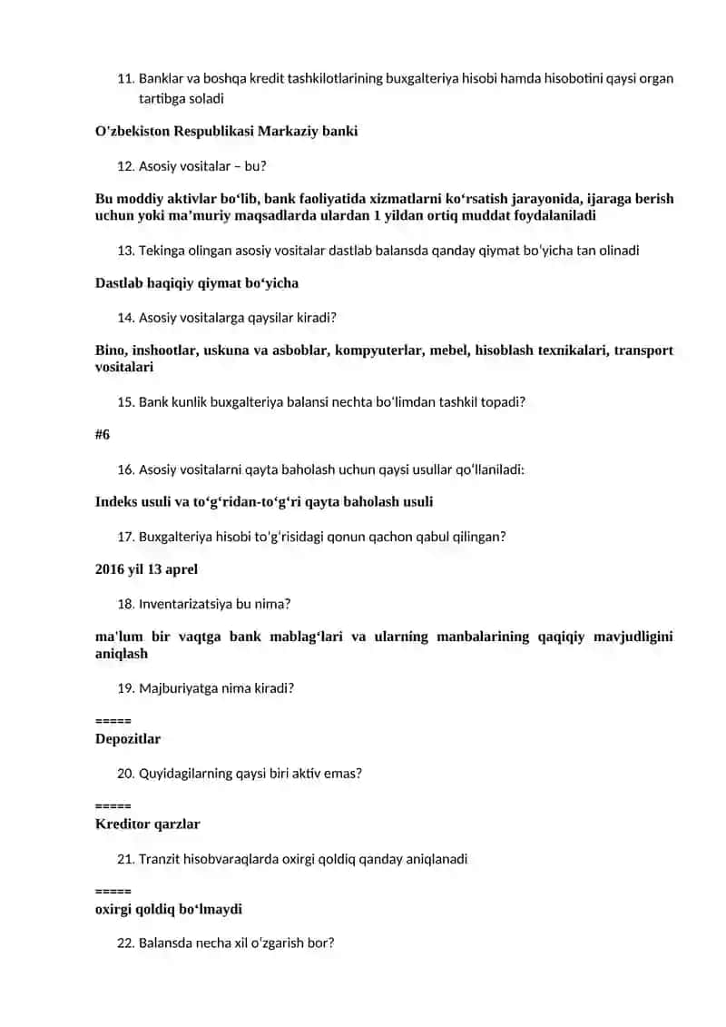 Banklarda Buxgalteriya hisobi testlar 2