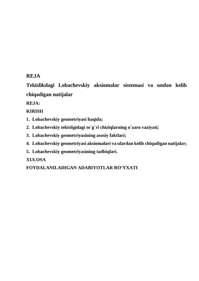 Tekislikdagi Lobachevskiy aksiomalar sistemasi va undan kelib chiqadigan natijalar 2